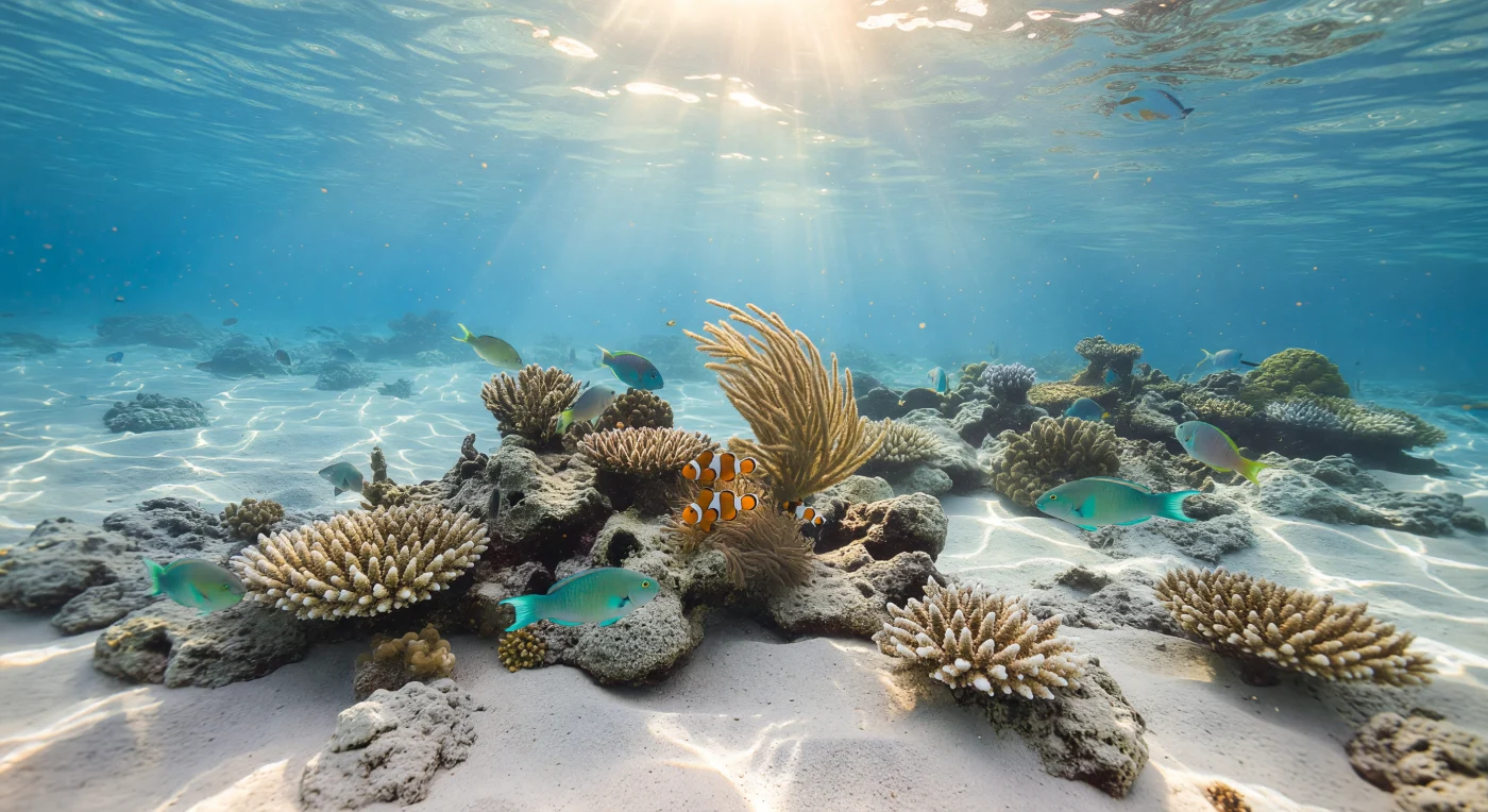 À seulement deux mètres sous la surface, le récif crête baigne dans une lumière d'une intensité presque violente : les rayons du soleil tropical traversent l'eau agitée en faisceaux dorés qui se fragmentent en caustiques dansantes, zébrant sans cesse les massifs d'*Acropora* ramifiés, les dalles de calcaire pâle et les poches de sable corallien immaculé. La colonne d'eau, d'un bleu-vert éclatant et d'une transparence exceptionnelle, oscille sous la houle de surface, conférant à l'ensemble de la scène un frémissement vivant qui révèle la vulnérabilité et la vitalité simultanées de cet écosystème benthique construit par les polypes sur des millénaires d'accumulation carbonatée. Les polypes des branches d'acropora s'ouvrent en franges translucides pour capturer le plancton en dérive, tandis que des poissons perroquets — leurs pigments turquoise, verts et roses avivés par la pleine lumière zénithale — broutent méthodiquement le substrat, leurs plaques dentaires broyant le carbonate de calcium dans un cycle biogéochimique fondamental pour la production de sable corallien. Plus en retrait, une gorgone courbée par le courant émerge d'une fissure du calcaire, et une anémone nichée dans un renfoncement protégé abrite un couple de poissons-clowns, témoins silencieux d'une symbiose évoluée dans un monde que la lumière du jour traverse entièrement, sans filtres, sans intermédiaires, dans sa splendeur la plus nue.
