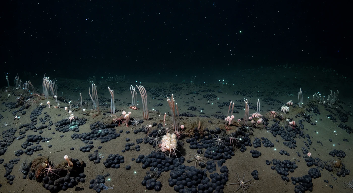 À près de 4 800 mètres sous la surface du Pacifique équatorial, là où la pression écrase tout à plus de 480 atmosphères et où la température ne dépasse guère 2 °C, une dorsale abyssale de faible relief s'élève doucement d'un fond recouvert de boue pâle et de nodules polymétalliques noirs — ces concrétions de manganèse et de fer qui ont mis des millions d'années à se former, grain par grain, autour d'un fragment d'os ou d'un débris volcanique. Sur la crête, des plumes de mer dressent leurs tiges translucides couleur ivoire parmi les nodules, animaux coloniaux ancrés dans le sédiment fin, tandis que des ophiures étendent leurs bras articulés sur les surfaces dures et que quelques éponges sessiles colonisent les aspérités des concrétions, chacune filtrante et immobile dans une eau à peine animée par les courants benthiques de fond. Aucune lumière solaire n'atteint ces profondeurs depuis des éons — seule la bioluminescence vivante perce l'obscurité absolue : de rares points cyan-bleu suspendus dans la colonne d'eau, de faibles lueurs le long des tissus des plumes de mer, des scintillements microscopiques qui tracent le fil de la crête contre le bassin plus sombre au-delà. La neige marine dérive lentement, particules organiques tombées depuis la surface lointaine, unique lien trophique entre le monde éclairé et cet univers silencieux, immobile et absolument indifférent à toute présence.