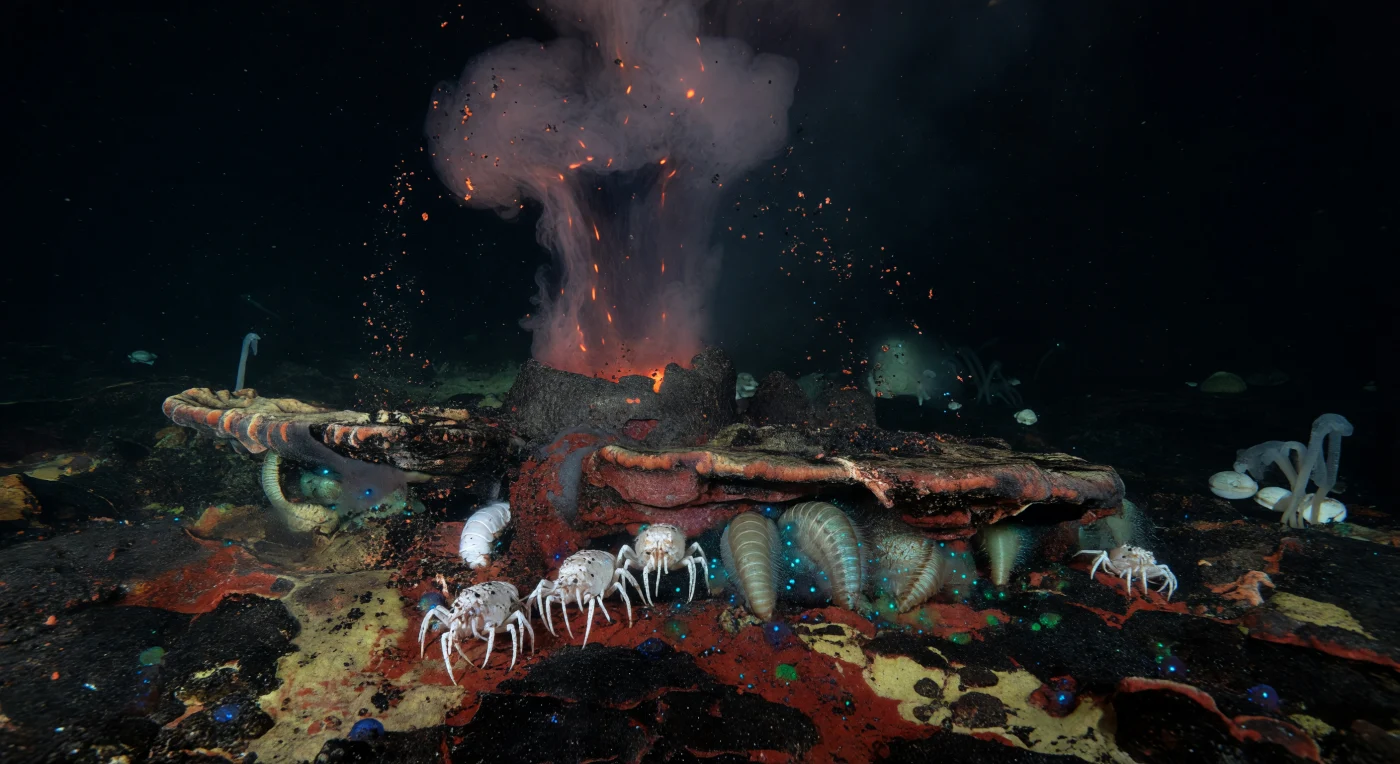Sur une étroite corniche de roche sulfurée, à des milliers de mètres sous la surface, une pluie noire et rouille de précipités minéraux tombe en continu depuis la colonne d'un fumeur noir en pleine activité, dont les fluides à plus de 350 °C se mêlent à l'eau abyssale en tourbillons denses et opaques. Les galathées, blanchies par l'obscurité permanente et saupoudrées de grains métalliques fraîchement déposés, s'agrippent au basalte luisant tandis que des vers à écailles aux segments iridescents s'aplatissent contre les croûtes sulfurées, tirant leur énergie non du soleil mais de la chimiosynthèse bactérienne qui prospère dans ces gradients thermiques extrêmes. À l'intérieur du panache le plus chaud, une lueur ambre-orangée de chimiluminescence pulse faiblement, seule lumière naturelle de cet univers soumis à des pressions dépassant deux cents atmosphères, là où la colonne d'eau n'est plus traversée par le moindre photon solaire. En périphérie de la corniche, dans l'obscurité froide au-delà du jet hydrothermal, des tubes de Riftia et des palourdes blanches s'estompent à la limite du perceptible, rappelant que cet écosystème entier — volcanique, chimique, vivant — s'est construit et perdure dans un silence absolu, indifférent à tout regard.