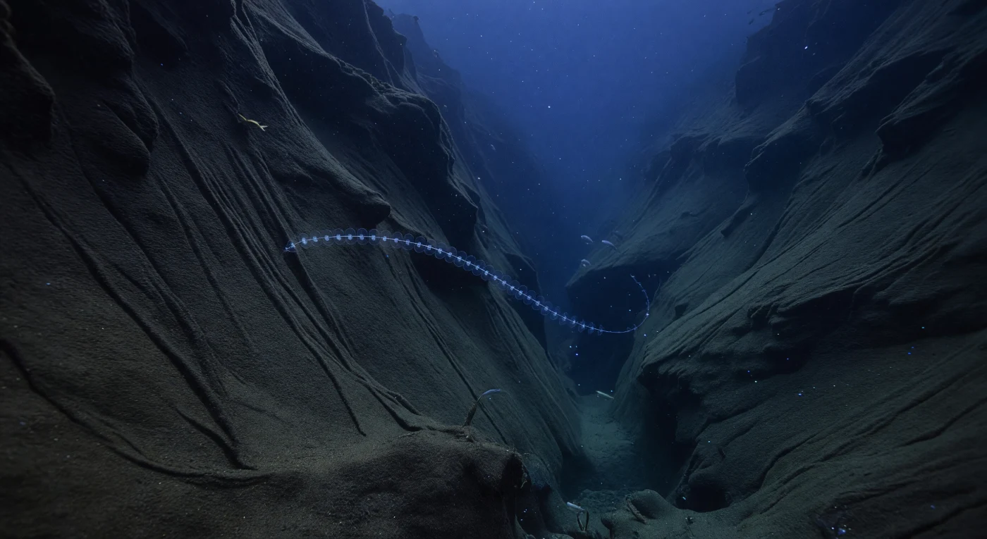 À 340 mètres de profondeur, là où la pente continentale s'entaille en une ravine étroite, la lumière solaire n'est plus qu'un souvenir bleu cobalt filtrant depuis un monde lointain, assez ténu pour révéler sans jamais illuminer. La pression dépasse trente atmosphères, comprimant silencieusement chaque volume d'eau et façonnant la vie qui ose s'aventurer ici, dans cette zone mésopélagique crépusculaire où la lumière et l'obscurité négocient une frontière mouvante. Sur les parois de la ravine, des rills de vase sombre témoignent des glissements sédimentaires qui redistribuent continuellement les matières organiques descendues de la surface, tandis que de fines particules — neige marine, agrégats biogènes — dérivent librement dans la colonne d'eau comme une poussière d'étoiles ralentie. Suspendu dans ce vide bleu-noir, un siphonophore d'un mètre de long s'étire presque invisible, sa chaîne de cloches gélatineuses et son filament translucide à peine trahis par la réfraction du peu de lumière qui subsiste, rappelant que cette colonie modulaire — l'un des organismes les plus longs de l'océan — filtre et chasse en silence dans un monde qui n'a nul besoin de témoin pour exister.