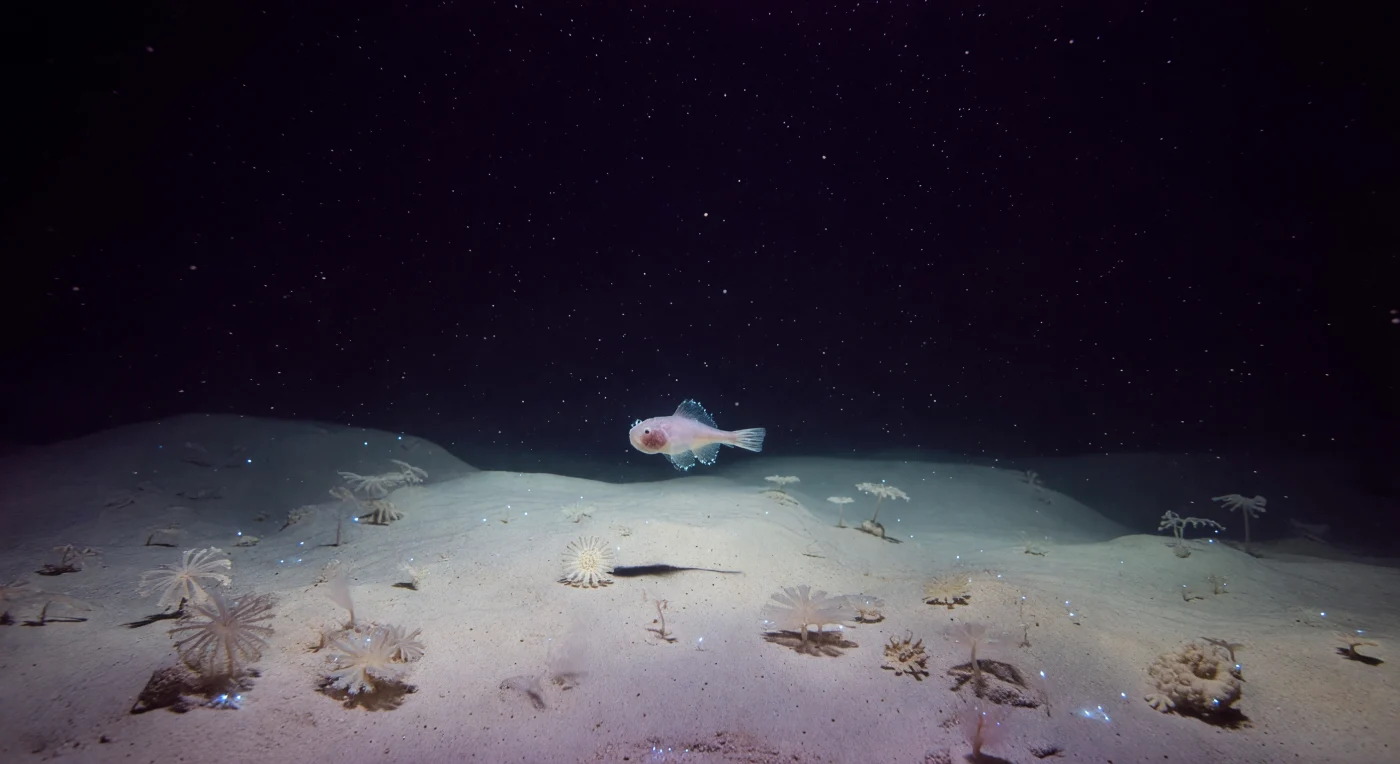 À près de onze kilomètres sous la surface du Pacifique occidental, là où la plaque Pacifique s'enfonce sous la plaque de la mer des Philippines, un poisson limace hadal dérive seul à quelques centimètres au-dessus d'un fond de sédiments pâles, blanc crème, ponctués de xénophyophores géants — ces foraminifères unicellulaires géants aux rosettes fragiles et aux tests étoilés à demi enfouis dans le limon. Son corps gélatineux, nacré et légèrement translucide, s'efface vers l'arrière dans l'eau noir-violet, tandis que de rares scintillements cyan-bleu d'organismes bioluminescents minuscules tracent fugacement le contour de ses nageoires membraneuses. La neige marine descend en particules isolées à travers l'obscurité aphote absolue, chaque flocon organique représentant l'unique lien nutritif entre ce monde et la surface lointaine, à plus de mille atmosphères au-dessus. Ici, la pression écrase les biomolécules, ralentit les métabolismes et impose une lenteur physiologique que seules les espèces piézophiles ont su conquérir au fil de millions d'années d'évolution dans le silence total d'un océan qui n'attend personne.