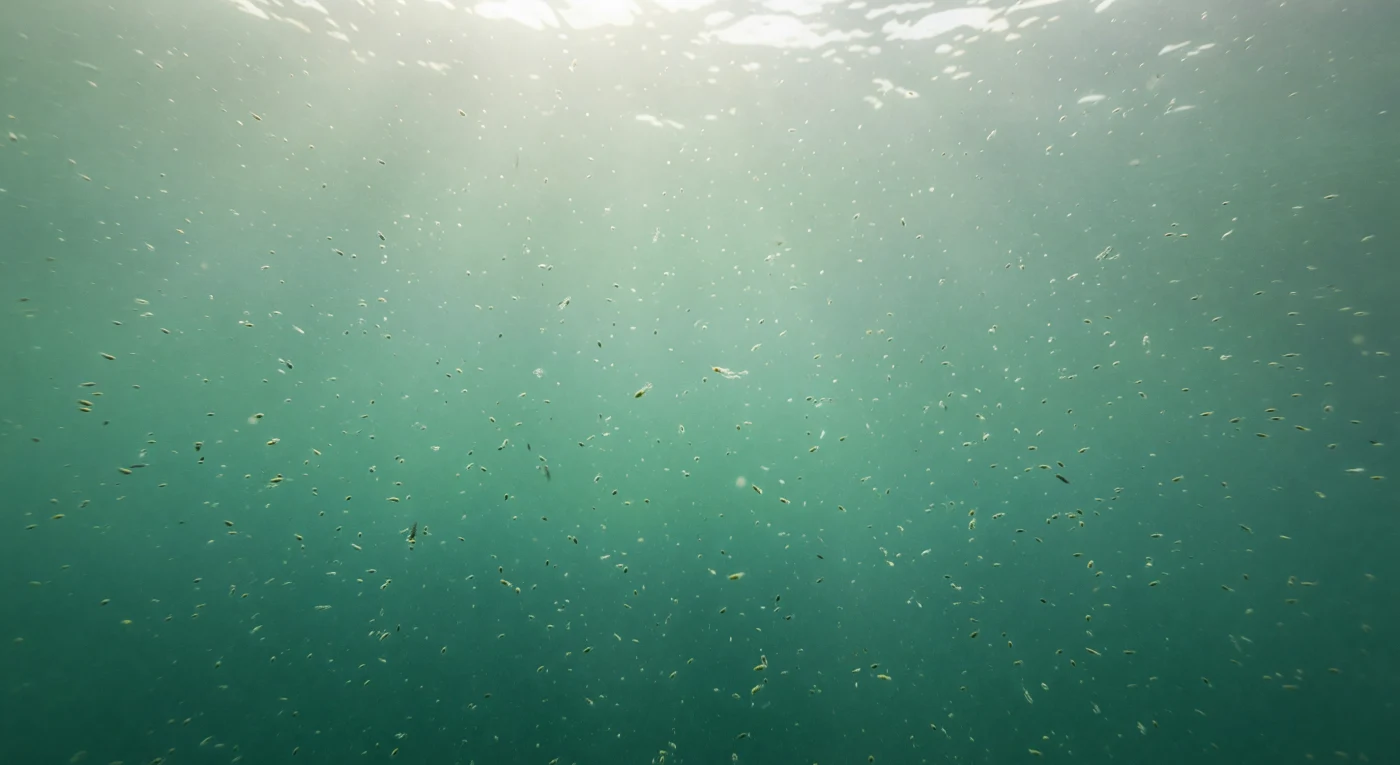 Dans les eaux de surface baignées de soleil, une efflorescence phytoplanctonique transforme la mer en un milieu vivant d'une densité remarquable : des millions de cellules algales microscopiques — diatomées, dinoflagellés, cyanobactéries — saturent la colonne d'eau jusqu'à plusieurs dizaines de mètres, absorbant et diffusant la lumière solaire en une lueur laiteuse et jade qui envahit tout le champ visuel. La pression ici, à peine supérieure à celle de l'atmosphère, n'impose aucune contrainte biologique particulière, et c'est précisément cette zone euphotique, là où la photosynthèse excède la respiration, qui constitue le moteur énergétique de l'ensemble de l'océan. Des copépodes dérivent entre les particules, leurs antennes translucides à peine perceptibles dans la turbidité fertile, tandis que des flocons de neige marine — agrégats d'organismes morts, de mucus et de matière organique — entament leur lente descente vers les abysses, exportant le carbone fixé en surface vers les profondeurs. La lumière, seule source d'énergie dans ce monde sans fond apparent, se disperse en rayons adoucis avant de se dissoudre dans le vert, rappelant que cet océan de surface, invisible et silencieux, produit près de la moitié de l'oxygène de la planète.