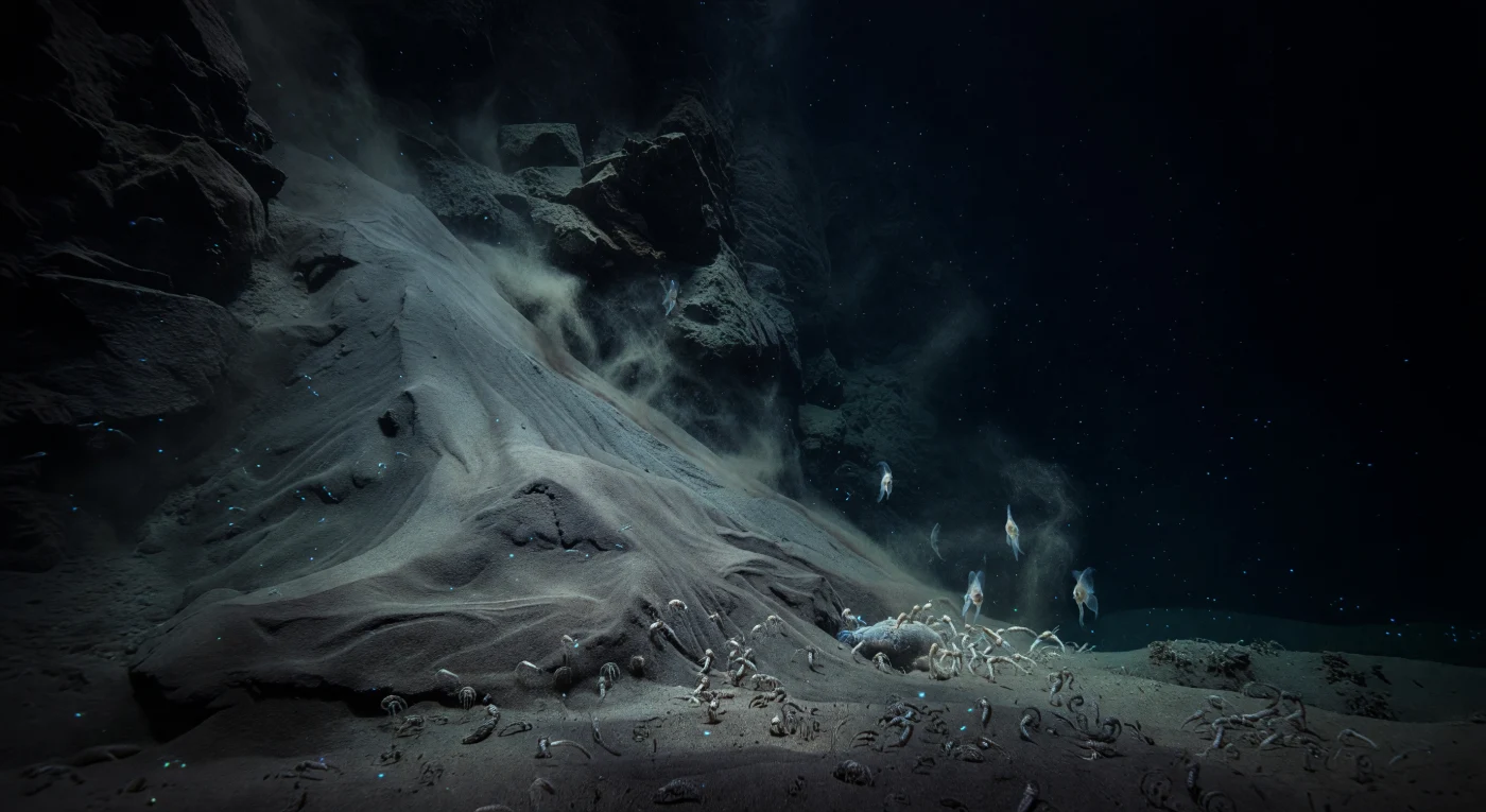 Au fond de la fosse de Kermadec, à des profondeurs où la pression hydrostatique dépasse les 800 atmosphères, une vaste langue de sédiments fraîchement effondrée s'étire depuis la base d'une paroi tectonique colossale, ses drapés gris cendrés et ses clastes anguleux témoignant d'un glissement gravitaire déclenché peut-être par une secousse sismique liée à la subduction de la plaque Pacifique sous la plaque australienne. De fines voiles de silt et d'argile remontent encore en nuages stratifiés dans une eau à peine plus d'un degré au-dessus du zéro, portant avec elles des particules néphéloïdes et des agrégats de neige marine qui dérivent librement dans une obscurité totale et permanente, là où aucun photon solaire n'a jamais pénétré depuis la formation de la fosse. Aux marges du glissement, des champs de xénophyophores — ces gigantesques foraminifères unicellulaires parmi les plus grands organismes cellulaires connus — gisent à demi ensevelis sous les sédiments nouvellement déposés, tandis que des essaims denses d'amphipodes géants *Hirondellea gigas* convergent vers une carcasse organique enfouie dans la vase, leurs corps segmentés pâles animés d'une agitation silencieuse. Quelques poissons-limaces hadaux translucides — leurs squelettes cartilagineux réduits et leurs tissus gorgés de TMAO pour contrer l'écrasement moléculaire — flottent à peine au-dessus du front du glissement, révélés par de fugaces scintillements cyan et bleu-vert d'organismes bioluminescents perturbés, seule lumière possible dans ce monde qui existe, immuable et silencieux, sans aucun regard.