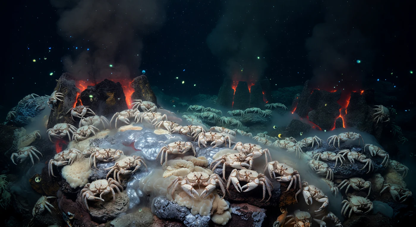 Sur les dorsales medio-océaniques, là où les plaques tectoniques s'écartent lentement, l'eau de mer s'infiltre dans la croûte basaltique fracturée, se charge en minéraux et remonte en panaches noirs à des températures dépassant les 350 °C — des fumeurs noirs dont les colonnes de sulfures obscurcissent l'eau déjà opaque de la zone bathypélagique, à des profondeurs où la pression écrase toute intuition humaine du vivant. Sur les buttresses de sulfures refroidis, des centaines de crabes yéti — *Kiwa* sp. — se pressent en jardins denses, leurs carapaces d'un blanc ivoire luisant sous la faible lueur chémoluminescente des panaches, leurs longues pinces couvertes de soies dressées dans le flux hydrothermal tiède pour cultiver les tapis bactériens chimiosynthétiques dont ils se nourrissent, transformant l'énergie chimique du soufre en chair là où aucune lumière solaire n'a jamais pénétré. Les films bactériens recouvrent la roche d'un satin argenté, les croûtes minérales cristallisent en textures mouillées sur le basalte frais, et un léger tremblement thermique monte des fissures encore actives, trahissant la chaleur interne de la Terre. Dans les eaux noires environnantes, de minuscules éclats cyan et bleu-vert de bioluminescence ponctuent l'obscurité totale, tandis que des particules minérales et de la neige marine dérivent librement dans ce monde qui n'a jamais attendu d'être vu.