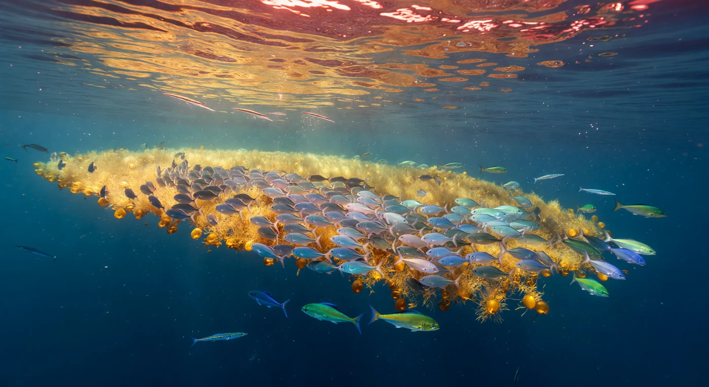 À quelques dizaines de centimètres sous la surface, le snorkeler dérive le long du tapis de sargasses, baigné dans une lumière de fin de journée qui transforme chaque bulle gazeuse et chaque fronde ambrée en lanterne naturelle — la lumière rasante du couchant se fracture en bandes caustiques dorées et cuivrées, révélant une paroi vivante de milliers de jeunes carangues dont les flancs argentés pivotent à l'unisson, formant une masse coordonnée qui se comprime puis s'étire dans une chorégraphie collective dictée par l'hydrodynamique du groupe plutôt que par un meneur. Cette structure mobile constitue un phénomène biologique fondamental de l'épipélagique : en s'agrégeant autour des radeaux de sargasses — véritables îlots de biodiversité dérivants de l'Atlantique tropical — les juvéniles exploitent le couvert végétal comme refuge contre la prédation tout en bénéficiant de la concentration en zooplancton que la matière flottante génère. Sur les flancs extérieurs du tapis, des mahi-mahis aux dos vert-électrique balaient l'interface eaux claires / macroalgues dans des trajectoires d'attaque précises, tandis que des orphies filiformes glissent sous le miroir de surface, leurs mâchoires acérées captant les derniers éclats du soleil. La pression de l'eau, à peine perceptible, et la colonne d'eau turquoise qui s'enfonce vers un bleu cobalt sans fond rappellent que cette scène se joue dans un océan ouvert et sans limite visible, un vaste vide liquide dont seul ce radeau de végétation rompt l'immensité.