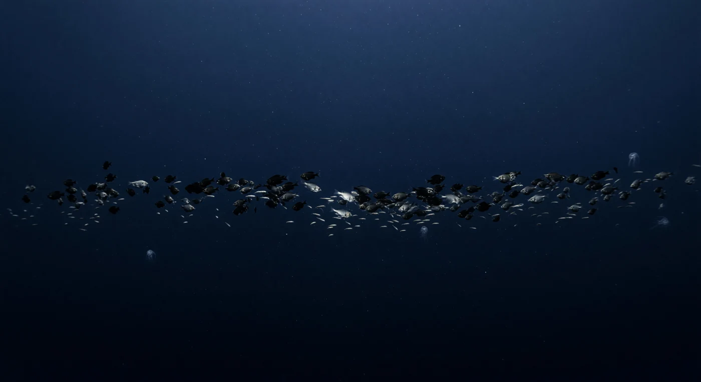 À 600 mètres de profondeur, le hublot acrylique du submersible encadre une vision saisissante : un ruban vivant de myctophidés, de crevettes et de krill occupe l'axe médian du champ de vision comme un faux fond suspendu dans la masse d'eau, dense au point de former un horizon biologique à part entière, pourtant encore volumétrique, traversé de silhouettes argentées et de flancs qui captent la lumière froide des projecteurs en éclairs métalliques fugaces. Ce phénomène correspond à la couche de diffusion profonde, cet agrégat mésopelagique célèbre pour avoir trompé les sonars militaires en se faisant passer pour le fond marin, ici maintenu en suspension à la lisière supérieure d'une masse d'eau appauvrie en oxygène qui agit comme une barrière chimique comprimant la faune dans une bande remarquablement étroite. Au-dessus et en dessous du ruban, la colonne d'eau est frappante de vide, un néant cobalt que les lampes du submersible percent à peine sur quelques mètres avant que leur halo ne se noie dans le bleu-noir absolu, révélant au passage une neige marine fine et une légère brume de plancton. À cette pression d'environ 61 atmosphères, quelques cténophores translucides dérivent en marge du faisceau lumineux, tandis que des photophores s'allument et s'éteignent ponctuellement dans l'obscurité au-delà du cône d'éclairage, rappelant que la bioluminescence est ici le seul langage visuel que l'océan s'accorde. L'eau est froide, lourde, silencieuse, et la sensation d'une frontière invisible — chimique autant que lumineuse — pèse contre la coque comme une réalité physique irréfutable.