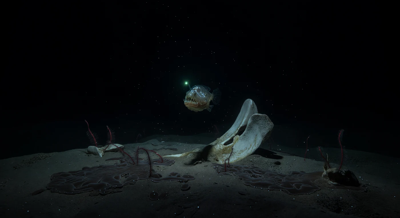 À 2 500 mètres de fond, là où la pression dépasse 250 atmosphères et où la lumière solaire est un souvenir oublié depuis des siècles, une vertèbre de baleine repose à demi enfouie dans le sédiment fin et sombre, vestige d'un festin scavenger achevé depuis longtemps. Sur sa surface calcifiée et poreuse, un film bactérien teinté de sulfures témoigne de la phase chémosynthétique en cours — cette étape silencieuse où des communautés entières survivent non par la lumière, mais par l'oxydation du soufre produit lors de la décomposition lipidique des os, selon la succession décrite par Smith et Baco. Suspendue dans cette obscurité absolue, une femelle ceratioid anglerfish — *Melanocetus* ou proche parente — demeure parfaitement immobile, son leurre bioluminescent projetant un unique point de lumière cyan-vert, fruit d'une symbiose avec des bactéries luminescentes logées dans l'illicium, suffisant à faire étinceler ses dents aciculaires et à révéler la texture translucide de sa peau distendue par des repas rares et gargantuesques. La neige marine dérive à travers la colonne d'eau avec une lenteur presque irréelle, chaque particule — fragment de matière organique, pelote fécale, agrégat bactérien — une infime manne pour un écosystème qui transforme la mort d'un cétacé en décennies de vie, sans témoin, sans bruit, dans l'indifférence absolue de l'abîsse.
