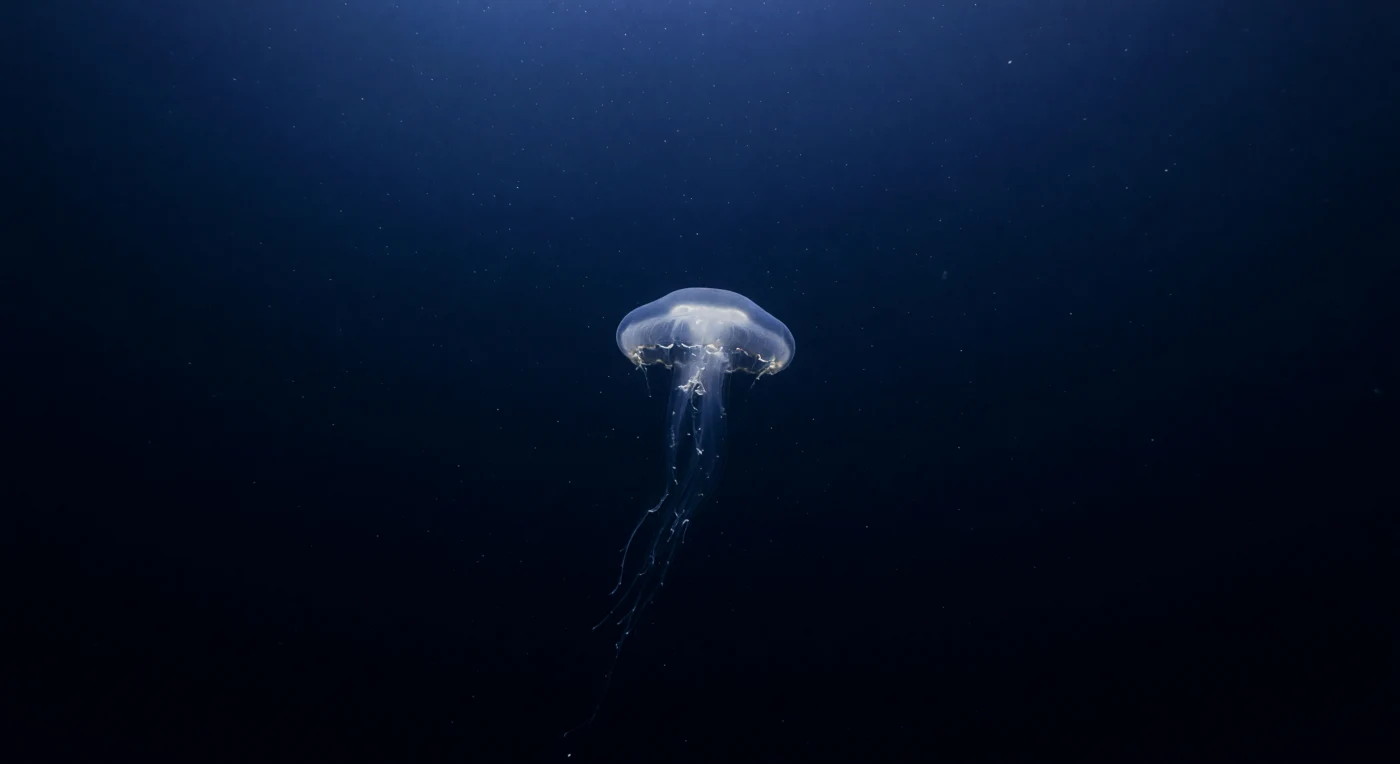 À quatre cents mètres de profondeur, une méduse à large ombrelle pulse en silence dans la colonne d'eau ouverte, son chapeau de gelée translucide captant les ultimes résidus d'une lumière bleue qui a parcouru des centaines de mètres depuis la surface, s'amenuisant à mesure qu'elle traversait chaque couche successive de l'océan. Les canaux radiaires et la musculature laiteuse de l'animal se devinent en contre-jour sur ce fond azuré mourant, tandis que ses filaments tentaculaires s'effacent par degrés dans le bleu cobalt puis dans le noir presque absolu d'en dessous, lui conférant une présence verticale démesurée dans le vide pélagique. À cette profondeur, la pression dépasse quarante atmosphères, le froid s'installe aux alentours de quatre degrés Celsius, et la neige marine — flocons de matière organique en chute lente — dérive alentour dans une immobilité apparente, témoins invisibles d'une productivité de surface lointaine. De rares points de bioluminescence froide scintillent en arrière-plan, signaux d'autres organismes mésopelagiques — crustacés, poissons-lanternes, siphonophores — qui peuplent cette zone parmi les plus vastes et les moins connues de la biosphère. L'océan existe ici pleinement, indifférent, traversé par des créatures gélatineuses qui n'ont nul besoin de lumière pour vivre, et dont la transparence même est une forme de disparition choisie dans l'immensité sombre.