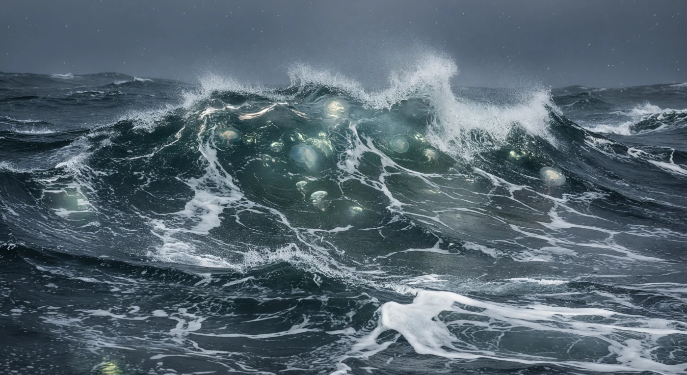 Sous la peau tourmentée de l'océan, là où chaque lame se brise en avalanche de bulles et de lumière grise, des méduses-lune (*Aurelia aurita*) dérivent en suspension dans le mètre supérieur de la colonne d'eau, leurs ombrelles translucides de dix à quarante centimètres de diamètre frémissant passivement au gré des turbulences générées par le déferlement des crêtes. Ces cnidaires, parmi les organismes gélatineux les plus répandus des eaux tempérées et subarctiques, n'ont ni nageoire ni vésicule propulsive efficace : ils se laissent gouverner par les courants de dérive éolienne, la circulation de Langmuir et les remontées convectives d'un mélange de surface que la tempête entretient sans relâche, brassant chaleur, sel, oxygène et particules en suspension jusqu'à plusieurs dizaines de mètres de profondeur. La lumière qui pénètre ici n'est que le résidu diffus d'un jour de tempête filtré par une épaisse couverture nuageuse et réfracté à travers une interface sans cesse déformée : elle se fragmente en caustiques froides, en éclairs vert-glauque à l'intérieur des vagues, en reflets brisés sur les nappes de mousse, avant de se perdre dans les nuages de microbulles produits par les crêtes qui s'effondrent. Dans cette zone de couplage atmosphère-océan, les échanges gazeux atteignent leur maximum, la tension superficielle de la microcouche est déchirée en aérosols salins, et l'eau elle-même, sursaturée en oxygène, paraît vivante bien avant que l'on distingue les silhouettes laiteuses et rayonnées des méduses qui y flottent, témoins silencieux d'une violence que rien, autour d'elles, n'enregistre.