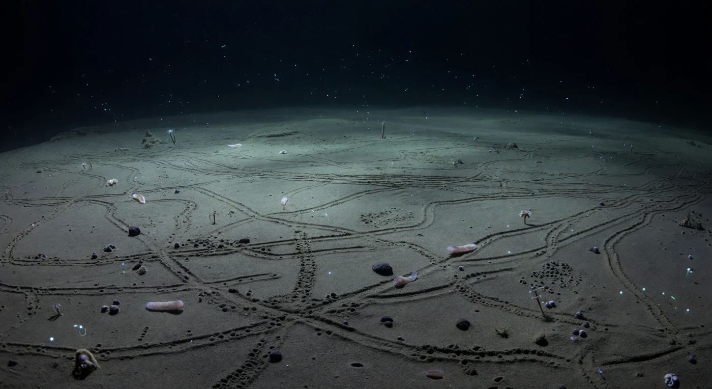 À quatre à six mille mètres sous la surface, là où la pression écrase toute matière à quarante à soixante mégapascals et où la température de l'eau frôle à peine un à deux degrés Celsius, une plaine de boue siliceuse et calcaire s'étend à l'infini dans une obscurité quasi absolue. Le fond est écrit par les vivants : des holothuries crémeuses aux reflets lilas pâle — concombres de mer abyssaux appartenant à des genres tels que *Psychropotes* ou *Peniagone* — glissent imperceptiblement sur le sédiment, ingérant la vase pour en extraire les matières organiques déposées par la neige marine qui descend sans relâche depuis la zone photique, à des milliers de mètres au-dessus. Leurs passages se croisent et se superposent en un mosaïque de sillons sinueux, de rejets fécaux pelletés et de micro-reliefs fraîchement retournés, témoignage d'une activité biologique continue sur ce qui ressemble, à première vue, à un désert stérile. Çà et là, de petites nodules polymétalliques de manganèse ponctuent la surface grise-brune, et quelques crinoïdes pédonculés s'accrochent à de rares fragments durs, filtrant les particules en suspension dans l'eau glacée. De minuscules organismes bioluminescents — bactéries, copépodes, méduses en dérive près de la couche limite benthique — émettent de faibles éclats bleu-vert qui révèlent la texture des pistes et des agrégats de sédiment sans jamais les illuminer franchement, avant que la plaine ne se dissolve doucement dans le noir et le silence primordial de l'abysse.