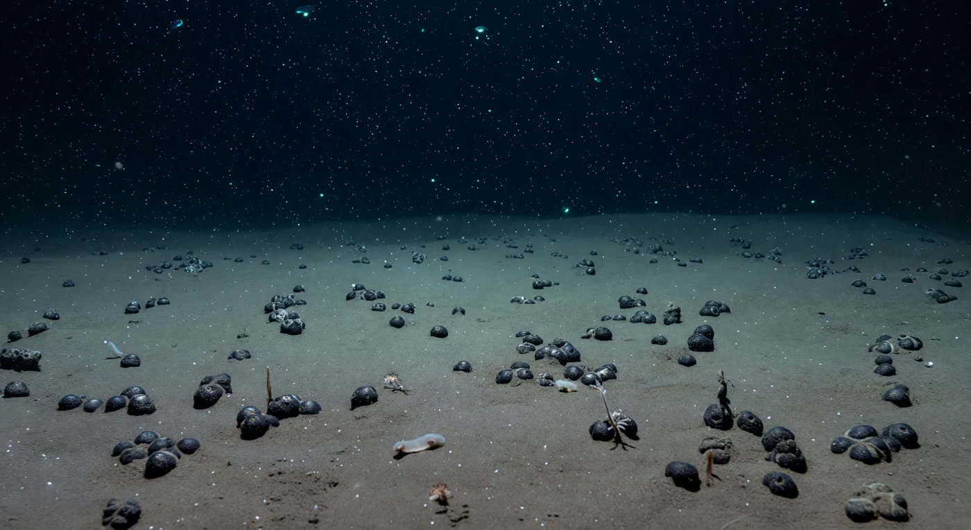 À près de cinq mille mètres sous la surface, une plaine abyssale s'étend dans toutes les directions sous une pression d'environ cinq cents atmosphères, où l'eau oscille à peine au-dessus de deux degrés Celsius et où le temps lui-même semble suspendu. Des nodules polymétalliques de manganèse, arrondis et mats comme des galets d'anthracite, reposent à demi enfouis dans la vase taupe, fruits d'une croissance minérale infiniment lente — quelques millimètres par million d'années — précipitée par la chimie des eaux profondes sur des millions de siècles. Entre eux et au-dessus d'eux, la neige marine tombe sans relâche : une pluie de particules organiques, de fèces et de débris végétaux descendus des eaux éclairées très loin au-dessus, chaque flocon résolu en cristal de lumière froide par la seule bioluminescence éparse d'organismes gélatineux dérivant dans la colonne d'eau, leurs brefs éclairs cyan rappelant des étoiles noyées dans un ciel inversé. Sur le sédiment et contre les nodules, une holothurie glisse imperceptiblement, une éponge pédiculée dresse ses bras filtreurs, de minuscules bras d'ophiures s'enroulent dans l'obscurité — faune rare, fragile, et profondément dépendante d'un équilibre que des millions d'années ont tissé grain par grain au fond de ce silence pressurié.