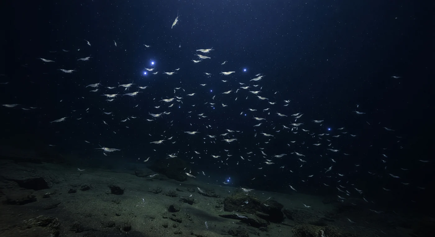 Dans les eaux libres entre cinq cents et sept cents mètres de profondeur, là où la lumière solaire ne parvient plus qu'à l'état de trace — un bleu cobalt presque imperceptible venu de très loin au-dessus —, un voile de crevettes pélagiques transparentes dérive en nuage diffus au-dessus d'un talus de sédiments sombres qui s'enfonce vers le noir absolu. Chacune de ces crustacées mesopelagiques, dont la carapace vitreuse ne laisse apercevoir que de fins reflets argentés et de minuscules yeux sombres, représente une adaptation remarquable à une pression dépassant cinquante atmosphères et à une quasi-absence de lumière ambiante : leur transparence les rend quasi inexistantes aux yeux des prédateurs qui guetteraient leur silhouette contre le faible gradient lumineux résiduel. Ponctuellement, de brèves étincelles d'un bleu froid jaillissent et s'éteignent au sein du nuage — bioluminescence produite par des photophores ou des organes glandulaires, utilisée pour la communication, le camouflage contre-illuminant, ou la désorientation des prédateurs — révélant l'espace d'un instant la géométrie fragile de corps presque invisibles avant que l'obscurité ne les reprenne. Des particules de neige marine, agrégats de matière organique en lente chute vers le fond, traversent silencieusement cette scène, constituant l'essentiel de l'apport énergétique qui descend de la zone photique vers ces profondeurs où aucune photosynthèse n'est plus possible. Cet espace existe sans témoin, soumis au seul jeu de la physique des fluides, de la chimie océanique et de millions d'années d'évolution convergente vers l'invisibilité.