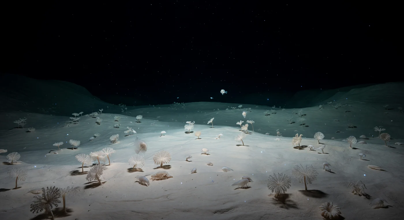 Au fond de la fosse des Mariannes, à près de onze kilomètres sous la surface du Pacifique, le plancher hadal s'étend en une vaste plaine de sédiments blanc ivoire, presque immobile, sous une pression d'environ mille cent atmosphères qui comprime chaque molécule d'eau et façonne toute vie possible en organismes d'une biochimie radicalement adaptée. Des xénophyophores — foraminifères géants unicellulaires pouvant dépasser dix centimètres — parsèment le fond comme des rosaces de porcelaine enchâssées dans la boue, filtrant en silence les rares particules organiques qui descendent depuis le monde lointain de la surface sous forme de neige marine, flocons spectraux qui dérivent sans perturbation dans l'eau froide et cristalline. De rares amphipodes hadaliens rasent le sédiment autour d'une carcasse partiellement enfouie, tandis que des poissons-limaces translucides — *Pseudoliparis swirei*, les vertébrés les plus profonds jamais observés — flottent au-dessus du fond, leurs corps mous et fantomatiques témoignant d'une adaptation poussée à l'extrême compression. Aucune lumière solaire ne pénètre jusqu'ici depuis des millénaires de nuit absolue ; seules de brèves étincelles bioluminescentes cyan-bleu ponctuent l'obscurité totale, produites par de minuscules organismes dérivants dans la colonne d'eau. Ce bassin existe dans un silence et une immobilité que rien n'a jamais troublés, monde en lui-même, complet et indifférent.
