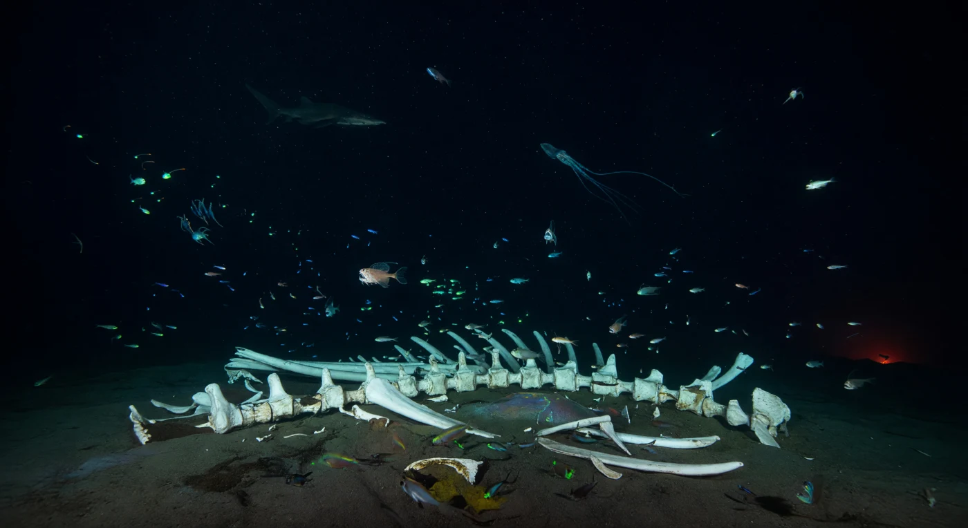 À des profondeurs où la pression écrase toute bulle d'air résiduelle et où la température frôle en permanence les deux degrés Celsius, un cimetière de vertèbres de baleine repose sur le sédiment fin, transformé en écosystème entier par la lente libération de lipides et de sulfures depuis les os. Des éclairs cyan et vert — produits par des glandes photophores, des organes leurres et des bactéries bioluminescentes agrégées sur les tissus en décomposition — révèlent par intermittence des arcs d'os couleur ivoire, des taches de sédiment noircies par les sulfures, et la neige marine qui dérive librement dans l'immensité froide et noire, témoignant de la pluie continuelle de matière organique depuis les eaux de surface à plusieurs milliers de mètres au-dessus. Des silhouettes de prédateurs — poissons-vipères aux dents en aiguilles, poissons-pêcheurs portant leur leurre cyan suspendu dans les ténèbres, et plus loin la forme fantomatique d'un requin lutin venu des couches supérieures — circulent à différentes hauteurs au-dessus de la carcasse, exploitant la concentration exceptionnelle de proies que représente une chute de baleine dans un milieu où la nourriture est normalement diffuse et imprévisible. À l'arrière-plan, les filaments impossiblement fins d'un calmar Magnapinna descendent depuis l'obscurité supérieure, tandis qu'une lueur rouge-orangée lointaine, à peine perceptible, suggère l'influence chimique d'un champ hydrothermal voisin — deux types de points chauds chimiosynthétiques coexistant dans la même étendue de nuit perpétuelle. Ce monde existe ainsi, complet et silencieux, soumis à des centaines d'atmosphères, sans jamais avoir besoin d'un regard extérieur pour être ce qu'il est.