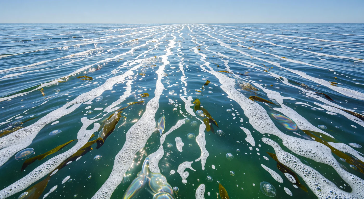 À trente centimètres au-dessus des eaux d'un plateau continental tempéré, l'AUV rase l'interface air-mer et révèle devant son capteur une mosaïque de lignes de Langmuir parallèles s'étendant jusqu'à l'horizon : ces convergences, engendrées par des cellules de circulation hélicoïdale couplant vent et courant de surface, accumulent des radeaux de mousse blanche stabilisés par des tensioactifs d'origine biogénique — polysaccharides bactériens, lipides phytoplanctoniques, matière organique dissoute agrégée en films gélatineux bruns à la fois enrichis en microbes et en métabolites. Entre les rubans d'écume, l'eau turquoise des premiers centimètres laisse deviner une couche euphotique saturée de microbulles et de particules en suspension, tandis que des méduses Aurelia aurita à demi immergées dérivent passivement, leurs ombrelles captant les reflets du zénith solaire de midi. Cette microcouche de surface, épaisse de quelques micromètres à un millimètre seulement, concentre une densité bactérienne pouvant dépasser d'un à trois ordres de grandeur celle de l'eau sous-jacente, faisant de cette interface apparemment banale l'un des sites les plus actifs pour les échanges gazeux — CO₂, O₂, composés soufrés volatils — entre océan et atmosphère. Des fragments de kelp vert-brun arrachés au fond du plateau parsèment les convergences, témoins des remontées saisonnières qui fertilisent ces eaux en nutriments et soutiennent la productivité primaire qui nourrit, en cascade, tout l'écosystème de la colonne d'eau en dessous.