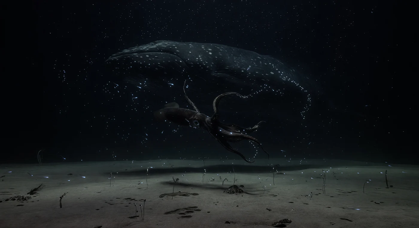 Sur la plaine abyssale, à une profondeur où la pression dépasse quatre cents atmosphères et où la température avoisine deux degrés Celsius, l'obscurité est totale et permanente — seule la bioluminescence anime ce vide d'une vie froide et intermittente. La masse sombre d'un cachalot mâle adulte (*Physeter macrocephalus*) traverse la colonne d'eau comme une falaise vivante, sa peau creusée de cicatrices circulaires laissées par d'innombrables combats antérieurs, tandis qu'en contrebas un calmar géant (*Architeuthis dux*) déploie ses tentacules en une explosion rouille-noire, ses ventouses à crochets momentanément visibles dans la torsion du corps — une rencontre que seuls les sillons cicatriciels des deux espèces avaient jusqu'ici trahis aux yeux de la science. La lutte n'est révélée qu'en éclats brefs : des organismes gélatineux pélagiques, brusquement dérangés par le remous, émettent des flashs cyan-bleu fugaces, et une traîne de particules bioluminescentes trace en pointillé le flanc du cétacé et les membres fouettant l'eau du céphalopode, comme si la nuit elle-même prenait forme le temps d'un instant. En dessous, la plaine sédimentaire s'étend dans l'obscurité — silt fin parcouru de terriers imperceptibles, nodules de manganèse épars, et crinoïdes pédonculés dressés en silhouettes ténues — tandis que la neige marine dérive sans hâte à travers toute la colonne d'eau, indifférente au drame suspendu au-dessus d'elle, dans ce monde qui existe depuis des millions d'années sans témoin et sans lumière autre que la sienne.