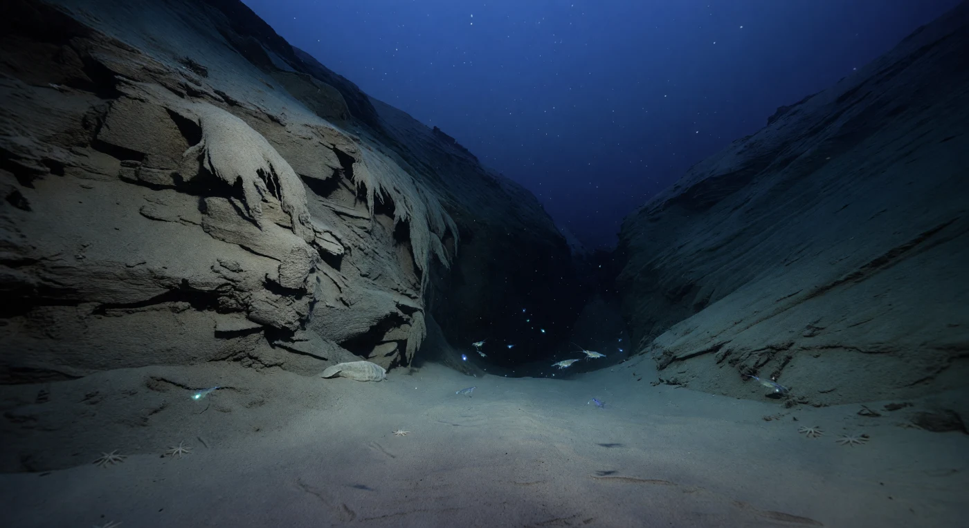 À 560 mètres de profondeur, là où le talus continental plonge en ravines creusées par des siècles de courants gravitaires et d'effondrements sédimentaires, une cicatrice fraîche découpe la paroi intérieure d'un couloir d'érosion : des plaques de vase gris-beige fracturées, des draperies de sédiment cohésif déchirées, témoignent d'un glissement récent qui a reconfiguré silencieusement ce versant soumis à quelque cinquante atmosphères de pression. Le dernier filet de lumière solaire descendante — atténué, monochromatique, virant du cobalt au bleu-indigo avant de se noyer dans le noir du ravin — dessine à peine les contours de la géologie exposée et du mince tapis de limon encore instable qui tapisse le fond, traversé par une légère voile de particules en suspension. Dans la colonne d'eau, de minuscules crevettes transparentes, perturbées par une vibration imperceptible, projettent des éclairs bleu-vert fugaces — signaux bioluminescents brefs révélant l'éclat nacré de leurs yeux à tapetum et la délicatesse de leurs antennes avant qu'elles se dissolvent à nouveau dans l'obscurité. En bordure de la cicatrice, quelques ophiures progressent lentement sur le sédiment, une holothurie pâle se tient immobile près de la paroi effondrée, et de fines traces de terriers signalent une faune benthique de transition qui colonise ces pentes dynamiques entre lumière résiduelle et nuit perpétuelle. Ce ravin existe ainsi, dans un silence absolu et une obscurité presque totale, monde en perpétuel remaniement que ni la lumière du jour ni aucun regard ne viennent jamais atteindre.