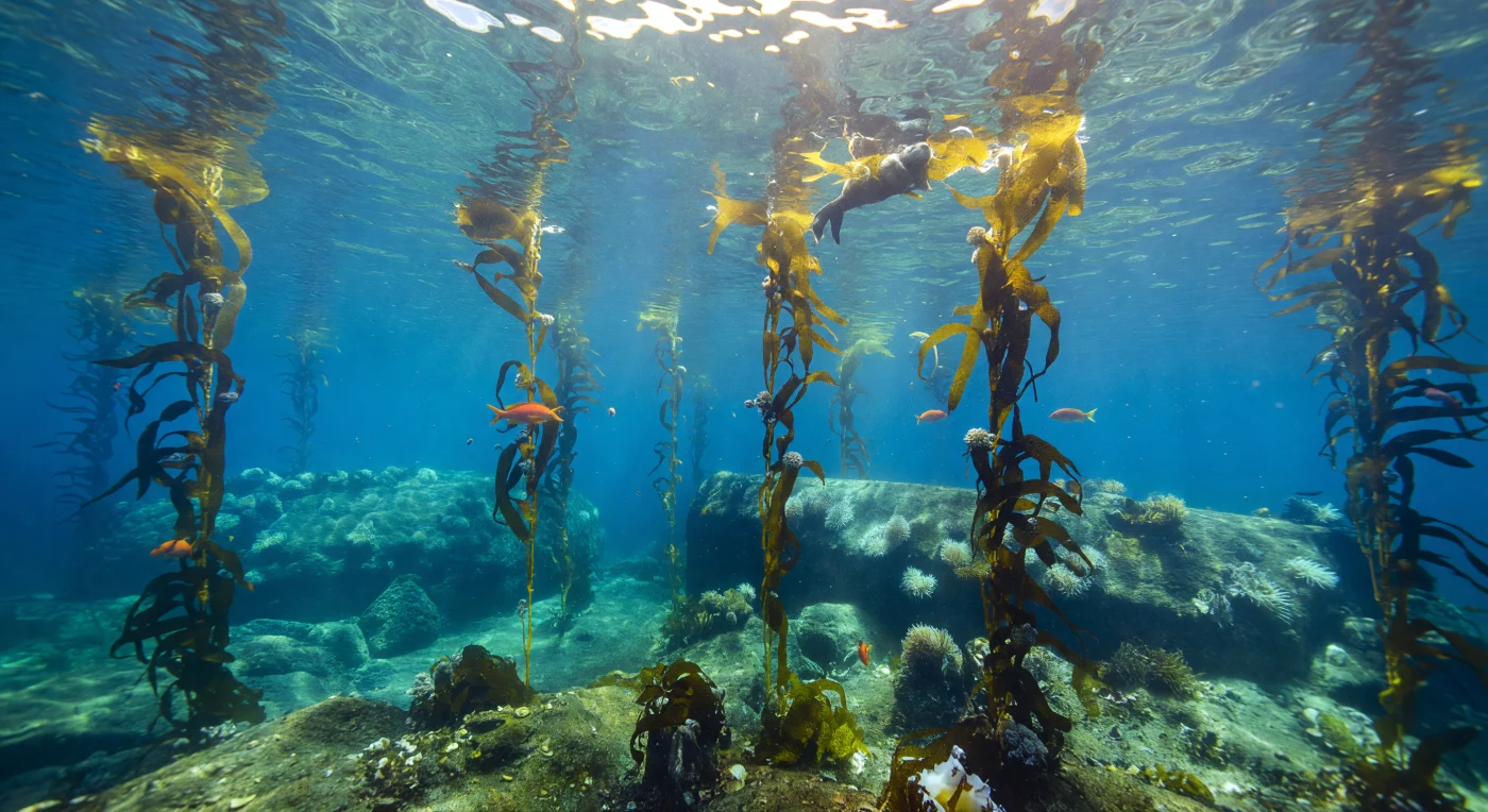 Dans la forêt de kelp géant de la côte californienne, entre douze et dix-huit mètres de fond, une langue d'upwelling remonte des eaux profondes vers la surface, chargeant la colonne d'eau de nitrates et de phosphates qui aiguisent la visibilité jusqu'à une clarté presque irréelle, teintant tout d'un bleu-vert froid et lumineux. Les stipes de *Macrocystis pyrifera*, ancrés dans le basalte et les blocs de grès par des haptères en forme de griffes, s'élèvent comme des colonnes d'une cathédrale liquide, leurs lames bronze et or frémissant doucement sous l'effet d'une houle de fond à peine perceptible, tandis que les pneumatocystes perlés — vésicules gazeuses qui maintiennent les frondes tendues vers la lumière — captent les rayons solaires brisés en caustiques mouvantes. Des garibaldis orange vif, *Hypsypops rubicundus*, seuls poissons entièrement protégés de Californie, dérivent entre les stipes comme des braises dans la pénombre turquoise, et près de la canopée, une loutre de mer *Enhydra lutris* flotte enroulée dans les frondes, ignorée de tout regard, appartenant sans partage à ce monde d'oxygène froid et de lumière filtrée. Sur les vires rocheuses qui s'estompent dans le halo bleu-vert, des anémones plumières blanches *Metridium senile* tendent leurs tentacules dans le courant chargé de particules organiques, rappelant que cet écosystème de fondation — productif, structuré, traversé de neige marine — existe depuis des millions d'années dans une indifférence absolue à toute présence humaine.