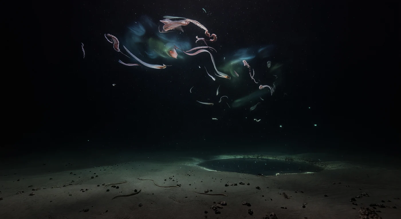 Dans l'obscurité presque totale qui règne à plusieurs milliers de mètres sous la surface, les derniers vestiges d'une rencontre titanesque se dissolvent lentement dans la colonne d'eau : des lambeaux de chair pâle d'*Architeuthis dux*, des membranes translucides aux teintes rougeâtres et des fragments d'anneaux cornés de ventouses dérivent vers le bas, témoins silencieux d'un combat entre deux des prédateurs les plus puissants de l'océan profond, désormais engloutis dans les ténèbres. Là où la baleine et le calmar ont disparu, des traînées de bioluminescence cyan et verte subsistent en spirales mourantes — rémanences d'organismes perturbés lors du passage violent des deux géants, quelques points vivants pulsant encore faiblement dans le noir au-delà, à des pressions approchant les quatre cents atmosphères et dans une eau à peine supérieure à deux degrés Celsius. La neige marine tombe partout, particules organiques infinitésimales descendant selon une pesanteur ralentie, mêlées aux débris du combat, vers la plaine abyssale qui émerge en contrebas dans la pénombre naturelle de la scène : sédiments gris-brun striés de pistes ténues, nodules de manganèse épars formés sur des millions d'années, holothuriers isolés progressant au ralenti sur le fond mou dans leur rôle de détritivores essentiels au cycle de la matière organique. À l'écart, la surface d'une mare de saumure dense miroite imperceptiblement, frontière chimique entre deux mondes liquides, reflétant les dernières lueurs biologiques d'un événement dont l'océan, seul, aura été le témoin.