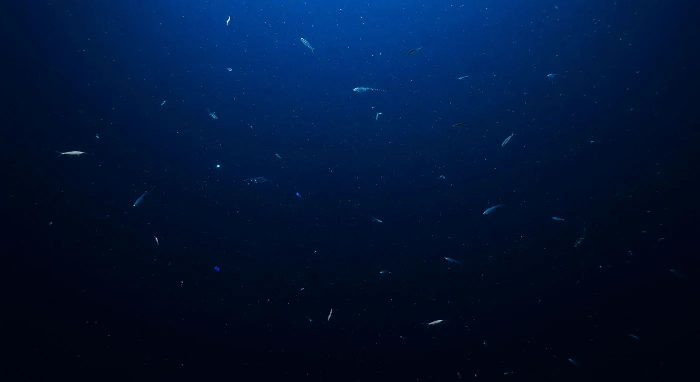 Entre deux cents et mille mètres de profondeur, le bleu cobalt hérité de la surface se délite lentement, absorbé par une colonne d'eau de plus en plus opaque jusqu'à se dissoudre dans un ultramarin presque noir — c'est le seuil de la zone mésopélagique, là où la lumière solaire cesse d'être une ressource et devient un simple souvenir spectral. La pression dépasse déjà plusieurs dizaines d'atmosphères, le froid s'installe durablement autour de cinq à dix degrés Celsius, et pourtant cette masse d'eau silencieuse est habitée : des crevettes translucides aux corps de verre, des organismes gélatineux à peine plus denses que l'eau elle-même, et de rares silhouettes de poissons argentés glissent dans des plans de profondeur distincts, leur présence trahie davantage par la lumière qu'ils produisent que par la masse qu'ils occupent. Des éclats bleu-vert s'allument et s'éteignent en fractions de seconde — photophones chimioluminescents le long de flancs fuselés, décharges défensives de mucus lumineux, signaux de reconnaissance entre espèces condamnées à se trouver sans soleil — tandis que la neige marine, poussière organique née en surface, dérive lentement vers les abysses en traversant cette scène sans témoin. Ici, la bioluminescence n'est pas un ornement : elle est le langage fondamental d'un écosystème qui représente pourtant la plus grande biomasse animale migratrice de la planète, montant chaque nuit vers la surface et redescendant à l'aube dans une pulsation verticale invisible depuis le monde d'en haut.