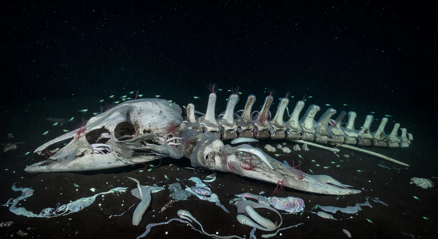 Dans les ténèbres de la zone bathypélagique, à plusieurs milliers de mètres sous la surface, un crâne de baleine et une longue guirlande de vertèbres reposent à demi engloutis dans des sédiments réducteurs chargés de sulfures, où règnent une pression écrasante — plusieurs centaines d'atmosphères — et une obscurité absolue que rien ne perce naturellement. Les os, teintés d'ivoire crayeux et de gris cendré, disparaissent sous d'épais tapis bactériens d'un blanc laiteux, pellicules translucides qui prospèrent grâce à la chimiosynthèse, tirant leur énergie des composés soufrés libérés par la décomposition lipidique des os eux-mêmes — un processus que les écologistes marins appellent la phase sulfophile de la succession d'une chute de baleine. Entre les vertèbres, les plumets cramoisis des vers Osedax ondulent imperceptiblement dans l'eau glacée, leurs racines forant la matrice osseuse poreuse pour en extraire les dernières molécules organiques, tandis que de pâles myxines se coulent en spirales silencieuses à l'intérieur des cavités orbitales. De minuscules crevettes bioluminescentes broutent les films microbiens et tracent sur chaque arête osseuse de fugaces scintillements vert émeraude, seule lumière native de cet univers — autour d'elles, la neige marine dérive en particules infimes dans une eau noire et immobile qui, loin de toute présence, perpétue depuis des décennies l'extraordinaire île de vie que représente, pour le fond appauvri des grands fonds, la longue mort chimique d'une baleine.