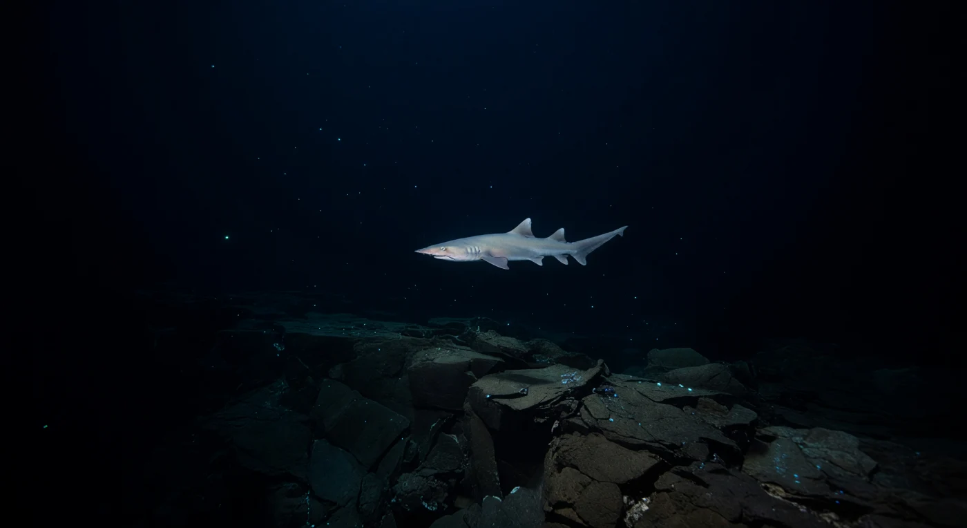 Dans les couches supérieures de la zone de minuit, là où le dernier fil de lumière bleue venue de la surface se dissout en obscurité absolue, un requin lutin dérive sans effort au-dessus d'une falaise basaltique dont les fractures et les corniches volcaniques s'abîment dans un vide sans fond. Sa peau pâle et translucide, aux reflets cendrés parcourue de nuances rosées, le distingue à peine du noir d'encre ambiant, révélant une musculature ramollie par des millions d'années d'adaptation à des pressions avoisinant les cent à deux cents atmosphères. Son rostre aplati et allongé — siège d'une extraordinaire concentration d'ampoules de Lorenzini capables de détecter les infimes champs électriques des proies dissimulées dans l'obscurité — balaye silencieusement l'eau, tandis que des particules de neige marine et des étincelles bioluminescentes cyan et bleu-vert dérivent autour de lui comme autant de signaux d'une vie invisible. Ce prédateur archaïque, vestige morphologique d'une lignée vieille de près de cent vingt-cinq millions d'années, hante ici un monde que la pression, le froid et l'absence de lumière ont façonné bien avant que toute forme de présence extérieure n'existe, et qui continue d'exister, imperturbable, dans son silence de pierre et d'eau noire.
