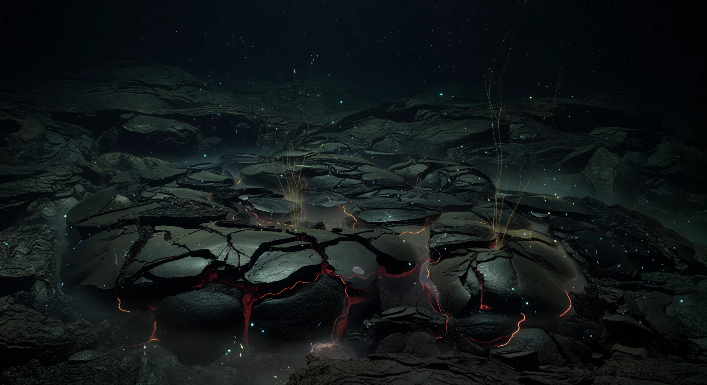 Sur les flancs de la dorsale médio-océanique, à quelque deux mille cinq cents à trois mille mètres sous la surface, une terrasse de laves en coussins fraîchement épanchées s'étale en pentes successives depuis la vallée axiale, chaque lobe de basalte brillant comme du verre noir, marqué de fissures de refroidissement qui courent entre les renflements arrondis tels des cicatrices encore ouvertes d'une éruption récente. À cette profondeur, la pression dépasse deux cent cinquante atmosphères et l'obscurité est totale au sens solaire du terme, mais la roche elle-même trahit une chaleur résiduelle : de minces voiles de circulation hydrothermale diffuse s'élèvent directement du basalte en ondulations dorées et ambrées, là où des fluides enrichis en minéraux filtrent à travers les interstices du plancher volcanique nouvellement formé. De rares étincelles cyan et bleu-vert clignotent dans la colonne d'eau proche de la terrasse — organismes microscopiques résistant aux pressions abyssales, portant leur propre lumière —, tandis qu'un mince voile de neige marine et de particules minérales en suspension dérive librement dans l'obscurité, rappelant que même ici, loin de toute influence solaire, la matière organique descend sans relâche depuis le monde lointain de la surface. Cette géologie primordiale, où la croûte océanique naît dans le silence et l'épaisseur des eaux, constitue l'un des environnements les plus actifs de la planète, entièrement soustrait au regard et pourtant perpétuellement vivant de l'intérieur.