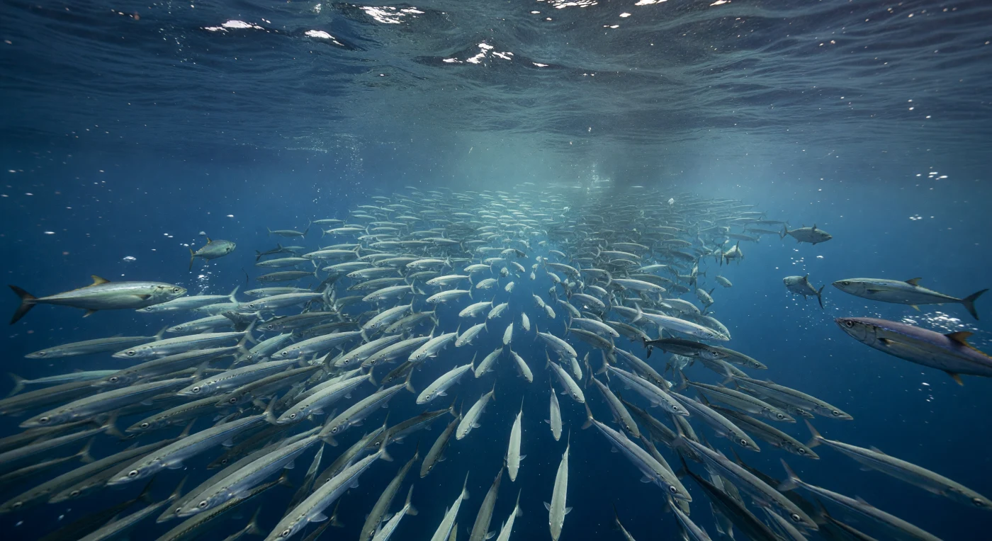 Sous la surface ardoisée encore agitée par la tempête, l'AUV pénètre de plein fouet dans une muraille vivante de balaous si serrés que leurs corps en aiguille forment un corridor métallique ondoyant, leurs flancs argentés captant les rares rayons filtrés à travers un ciel de nuages brisés en éclairs synchronisés, froids et tranchants comme des lames mouillées. Dans cette tranche d'eau éclairée par le soleil mais assombrie par la houle résiduelle et les fines particules remises en suspension par le coup de vent, la visibilité reste bonne sans être parfaite, chaque banc de lumière zébrant la colonne d'eau de bandes bleu-argent qui se noient rapidement dans un cobalt plus profond aux marges du champ. Des bonites à ventre rayé surgissent des deux flancs de l'image, chasseurs compacts et musculeux dont chaque attaque ouvre des couloirs fugaces dans la masse du banc, révélant la mécanique brutale d'une prédation coordonnée qui se joue ici dans les eaux pleinement photiques, là où la productivité primaire soutient des chaînes trophiques entières. L'AUV n'a ni fond sous lui ni repère fixe, seulement l'immensité ouverte de l'océan pélagique dans toutes les directions, la pression encore légère à cette profondeur, et ce sentiment saisissant d'être absorbé par une structure biologique vivante qui se referme derrière lui comme une forêt liquide.