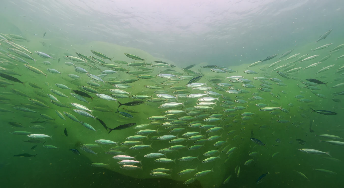 Dans les premiers mètres d'une mer enveloppée d'un voile nuageux, le plongeur flotte en apesanteur au cœur d'une eau émeraude laiteuse saturée de phytoplancton — un bloom printanier qui teinte chaque rayon de surface en une lumière diffuse et verte, presque végétale. Devant lui, des milliers d'anchois européens (*Engraulis encrasicolus*) forment un rideau vivant et pulsatile, leurs flancs argentés basculant à l'unisson entre transparence brumeuse et éclair métallique, en une coordination collective guidée par des champs hydrodynamiques et des signaux visuels instantanés. Des maquereaux (*Scomber scombrus*) cisaillent la formation en arcs sombres et précis, ouvrant de brèves lacunes dans le voile avant que la masse ne se referme, comme un tissu biologique qui cicatrise. Le bloom lui-même est un phénomène de productivité primaire explosive : la faible luminosité filtrée par la couverture nuageuse suffit à nourrir une densité de cellules algales qui épaissit l'eau en une suspension veloutée, faisant dériver des particules de neige marine dans tous les sens, révélant la richesse trophique de cette zone euphotique. Le plongeur n'entend que le battement sourd de sa propre respiration, cerné de toutes parts par une biomasse en mouvement qui dépasse toute notion d'individu.