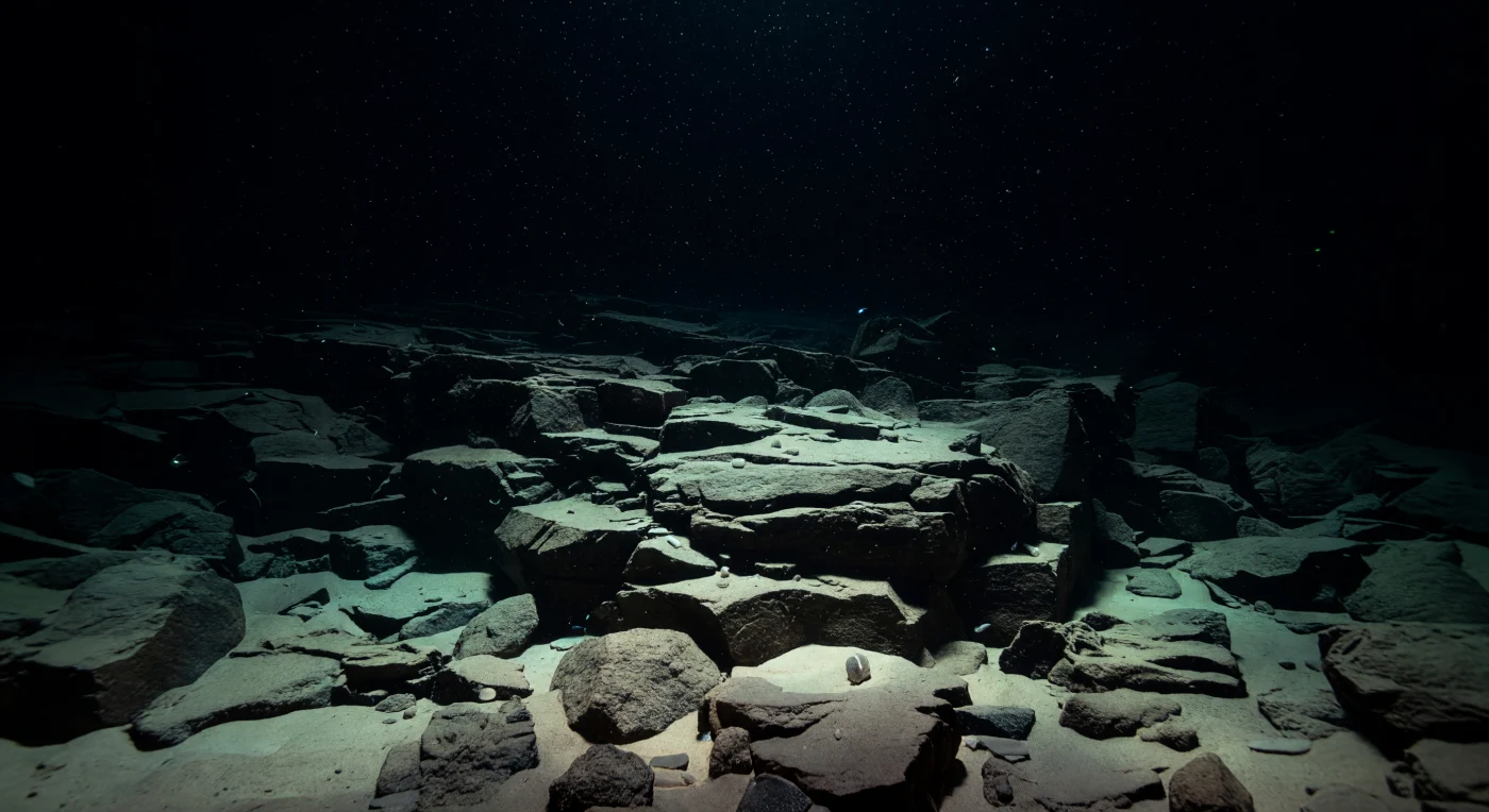 À près de onze kilomètres sous la surface du Pacifique occidental, là où la plaque Pacifique s'enfonce sous la plaque philippine, une paroi hadale s'élève depuis le fond de la fosse dans une obscurité absolue et sans partage — aucune lumière solaire n'a atteint cet endroit depuis que la roche elle-même s'est fracturée. Les ledges basaltiques anguleux, fissurés et sombres, disparaissent à moitié sous de fines voiles sédimentaires crème, résidu d'un lent et incessant feuilletage de neige marine qui tombe depuis des kilomètres de colonne d'eau, ponçant chaque surface horizontale d'une poussière pâle et granuleuse que la pression — environ 1 100 atmosphères, soit plus de 110 mégapascals — comprime et immobilise dans le silence. Des blocs de talus isolés reposent à la base de l'escarpement, et dans les anfractuosités entre les dalles, des agrégats de foraminifères géants évoquant des xénophyophores blanchâtres s'installent là où la sédimentation s'est accumulée, tandis que des amphipodes hadaux — Hirondellea gigas et ses congénères piezophiles — longent l'interface roche-sédiment avec une efficacité métabolique réglée pour ces pressions extrêmes. Çà et là dans la colonne d'eau, de rares points bleu-vert clignotent brièvement, bioluminescence diffuse d'organismes dont la chimie cellulaire, enrichie en triméthylamine N-oxyde, résiste là où toute molécule ordinaire se plierait : autant de signaux vivants, infimes et séparés par d'immenses étendues de nuit, qui attestent que ce monde existe, pleinement, et depuis toujours, sans témoin.