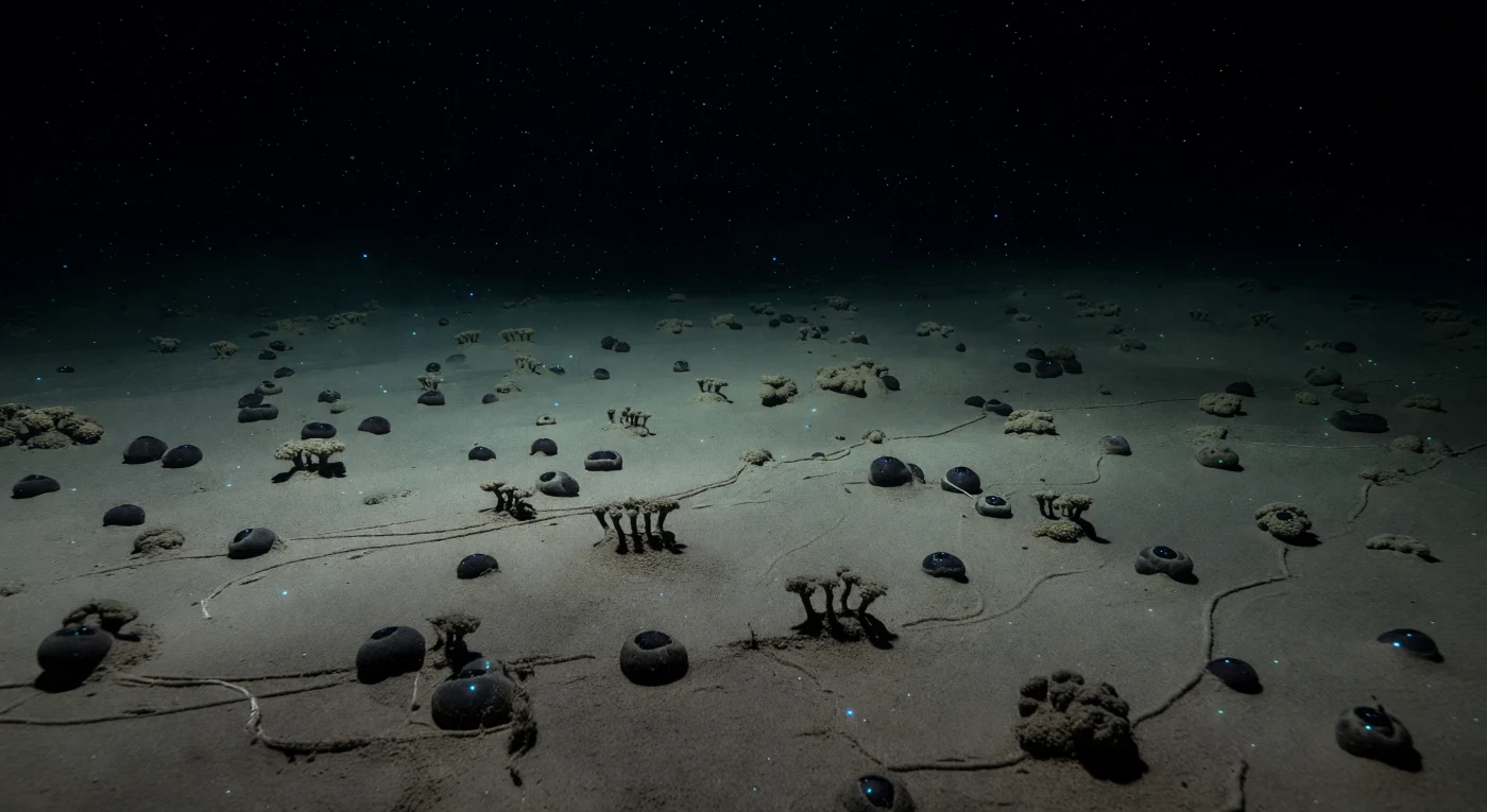 Across the abyssal plain of the Clarion–Clipperton Zone, somewhere between four and five kilometres below the surface, a fresh veil of pale sediment has recently settled over the seafloor, softening every contour into muted taupe and ash, burying the lowest manganese nodules entirely and leaving only the highest ones exposed as dark, polished islands rising from the silt. These nodules, composed of concentric layers of manganese, iron, cobalt, nickel, and copper precipitated from seawater over millions of years at rates measured in millimetres per million years, represent one of the slowest geological processes on Earth, their surfaces now dusted with the same fine detrital rain that perpetually descends from the sunlit ocean far above. Between and upon the protruding nodules, low xenophyophore mounds — giant single-celled organisms among the largest on the planet — retain their fragile irregular forms just above the new silt layer, while thread-fine feeding traces left by holothurians and polychaetes curve in looping furrows across the mud, partially erased yet still legible as evidence of life at pressures exceeding 500 atmospheres and temperatures barely above freezing. No photon from the sun has ever reached this plain; the only light here is the faint, scattered bioluminescence of drifting organisms — cold cyan-blue pinpoints moving slowly through water so stable, so cold, and so dark that the entire landscape exists in a perpetual stillness that human timescales cannot meaningfully hold. This is a world that has never needed witnessing to be complete.