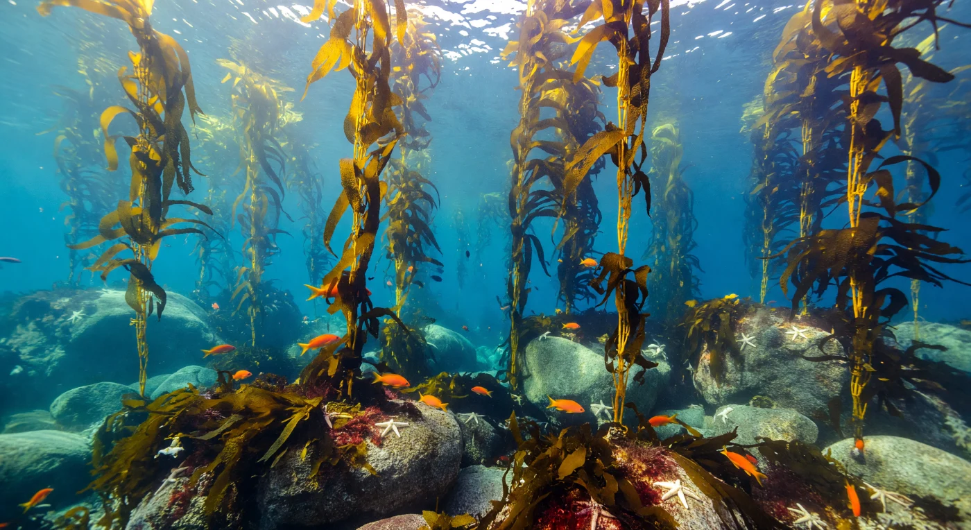 Sunlight arrives at this depth not as a distant rumor but as a living architecture — rippling caustics slide ceaselessly across rounded granite boulders, bending and fracturing with each passing swell, illuminating a world of extraordinary clarity and color. Towering columns of giant kelp, *Macrocystis pyrifera*, rise from their holdfasts like the pillars of a drowned cathedral, their pneumatocyst-studded blades backlit amber and gold where they approach the canopy, cooling through emerald and into cobalt in the shadowed intervals between them. In the bright clearing between these living columns, territorial garibaldis — *Hypsypops rubicundus*, the only damselfish of the northeastern Pacific — burn an improbable cadmium orange against the blue-green water, each individual defending its patch of reef with the quiet authority of a creature that has never needed to fear the dark. Beneath them, feather boa kelp and low understory algae carpet the reef in layered olive and red, while white sea stars cling motionless to sunlit stone, and fine suspended particles drift through the water column, catching the ambient light like slow snow in a world without winter. This is one of the most productive shallow marine ecosystems on Earth, where upwelled nutrients, oxygenated water, and relentless solar energy converge to sustain a benthic forest that shelters thousands of species and has been growing, collapsing, and regrowing along this coast for millions of years without witness.