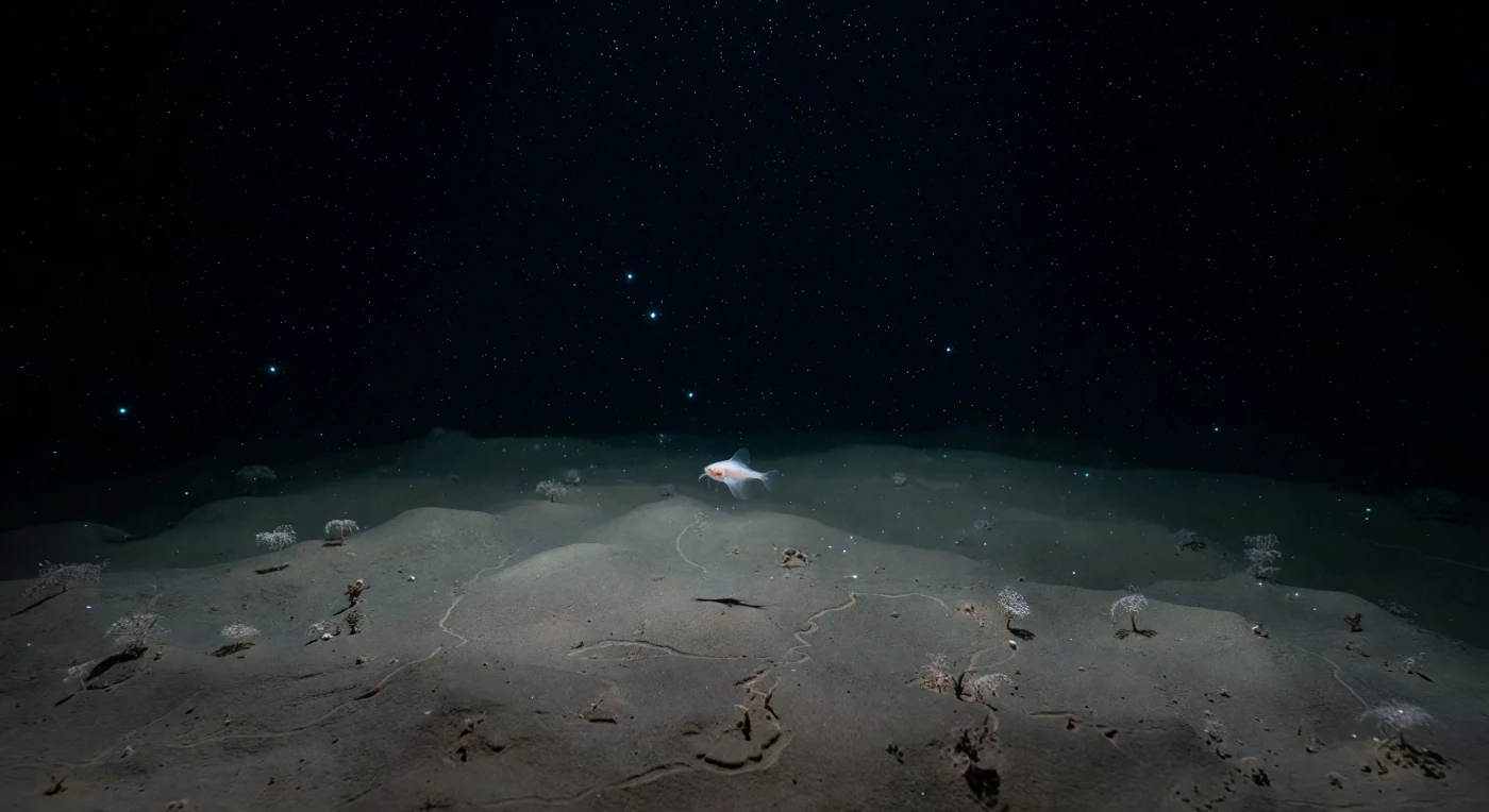 At roughly eight to ten thousand meters beneath the surface of the southwest Pacific, within the narrow axial floor of the Kermadec Trench, a solitary snailfish — *Notoliparis kermadecensis* or close kin — drifts in near-weightlessness above sediment that has accumulated over geological time as a slow rain of organic particles funneled downslope by the trench's own topography. The hydrostatic pressure here approaches eight hundred to one thousand atmospheres, enough to compress cellular membranes and denature unprotected proteins, yet this fish persists through biochemical adaptation: elevated concentrations of trimethylamine oxide stabilize its enzymes against pressure-induced deformation, while the reduction of mineralized bone renders its gelatinous body neutrally buoyant in water just above freezing, near one to two degrees Celsius. The sediment below it is soft, organically enriched relative to the surrounding abyssal plain, dimpled by feeding traces left by amphipods and deposit feeders, and studded at intervals with xenophyophores — giant single-celled foraminifera whose lace-like tests rise from the mud as among the largest individual cells known to exist on Earth. No sunlight has reached this depth in any geological era of life's history; what faint illumination exists comes only from the bioluminescent chemistry of organisms themselves, transient cyan sparks drifting through a suspension of marine snow that falls without destination through water that has not seen the sky for centuries. The trench exists entire and indifferent, its pressures absolute, its silences older than any record of it.