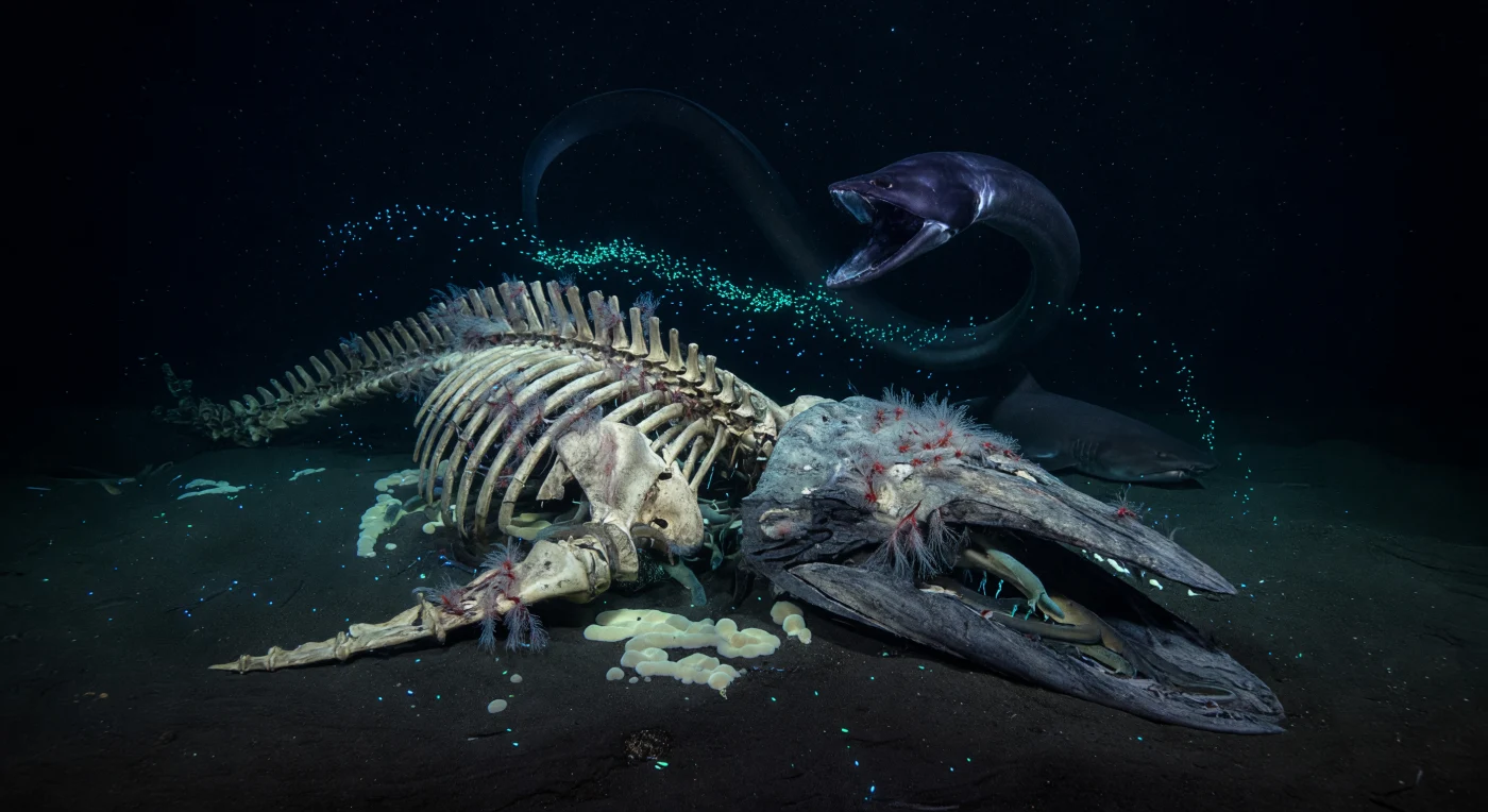 At 2,500 metres beneath the surface, where pressure exceeds 250 atmospheres and no photon of sunlight has ever reached, a whale skeleton lies half-swallowed by the soft black silt of the abyssal plain, its great ribs arching upward like the nave of a drowned cathedral. The bones are deep in their third and final successional stage — the sulfophilic phase — carpeted in velvety chemosynthetic bacterial mats that harvest hydrogen sulfide seeping from lipid-rich marrow, hosting dense colonies of Osedax bone-worms whose feathery red and white plumes probe every surface with root-like rhizoids that dissolve the very matrix of the skeleton. A gulper eel — Eurypharynx pelecanoides — sweeps through the water column above in a slow arc, its body nearly dissolved into the darkness, only the vast unfurled membrane of its jaw catching form as a drifting cloud of ostracod bioluminescence detonates across the frame: hundreds of Conchoecia releasing simultaneous cyan sparks in a defensive cascade, briefly painting the silt ripples, the Osedax plumes, and the eel's translucent sail in cold turquoise fire. Hagfishes thread silently through the orbital cavities of the skull, and at the far margin of the fall the blunt silhouette of a sleeper shark idles with metabolic patience, its slow-oxidising biochemistry perfectly suited to a world where meals are separated by weeks and darkness is total, permanent, and immense.