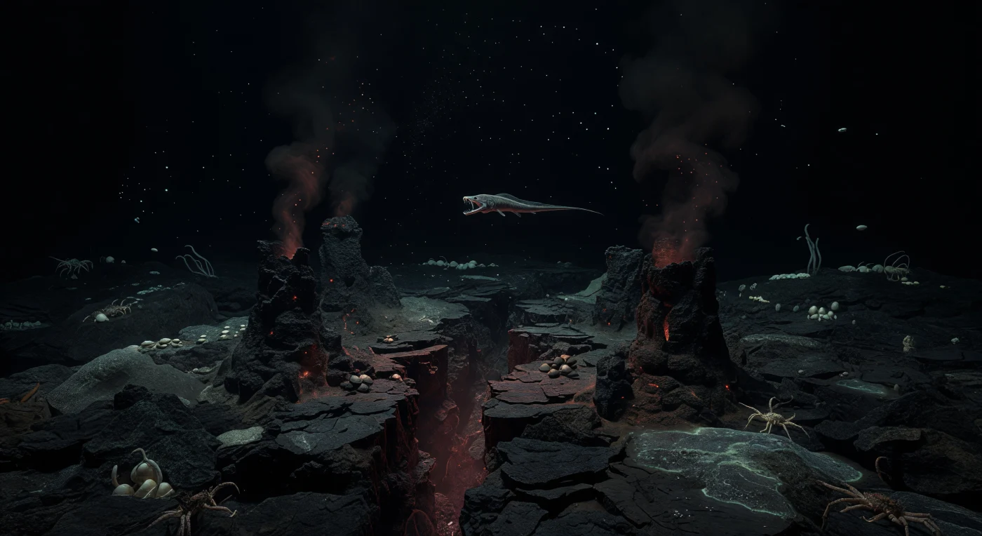 Along a narrow rift cutting through freshly extruded basalt, superheated fluids charged with hydrogen sulfide and dissolved minerals surge upward through black smoker chimneys, precipitating towering mineral spires that exhale dense, particle-laden plumes into water held at crushing pressures between one hundred and four hundred atmospheres. The fracture itself retains a muted ember-glow where new crust has cracked open, and chemosynthetic microbial mats coat the surrounding rock in pale ghostly films, forming the base of an ecosystem that owes nothing to sunlight — here, energy flows from the planet's interior outward through chemolithotrophic bacteria and the Riftia tube worms and yeti crabs that graze upon them. Through this volcanic architecture drifts a gulper eel, Eurypharynx pelecanoides, its distensible jaw — evolved to engulf prey far larger than itself — held open as it moves through the absolute dark, its threadlike tail dissolving into the surrounding abyss as though the animal is being gradually unmade by the pressure and blackness. Faint bluish-green bioluminescent pulses from drifting zooplankton punctuate the dark above the ridge, while marine snow — the slow, continuous fall of organic detritus — descends through water that has never known a photon of solar origin. This is a world assembled entirely from heat, chemistry, and geological chance, silent and self-sufficient, indifferent to any observation.