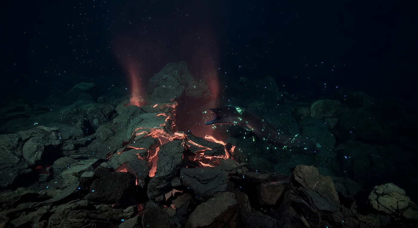 At roughly 2,500 to 3,000 metres depth along an active spreading centre, where tectonic plates pull apart and fresh basalt erupts in slow, dark violence, the water column carries the memory of heat even where no chimney rises — diffuse hydrothermal fluids seep through fractured pillow lava and ascend as trembling curtains of chemically altered seawater, bending the darkness with faint orange-red shimmer and suspending fine mineral particles that catch whatever light the living world produces. Here, under pressure approaching 300 atmospheres, a gulper eel — Eurypharynx pelecanoides — traces its serpentine arc through the column, its disproportionate pelican jaw parted in a passive sweep, an evolutionary solution to a world where prey is rare and every encounter must be seized; its charcoal-translucent skin briefly ignites with scattered emerald sparks as disturbed bioluminescent plankton burst along its flanks, a chain reaction of cold biological light entirely unwitnessed except by the darkness itself. Below, the fractured basalt record layers of eruption — black glassy rinds over still-warm interiors, fissures where seawater descends to be chemically transformed and returned — a geology measured not in millions of years but in decades, some surfaces younger than living organisms nearby. This is a place where chemical energy, not sunlight, anchors the food web, where the ridge exhales warmth through stone, and where life has organised itself around processes that would proceed identically whether any creature observed them or not.