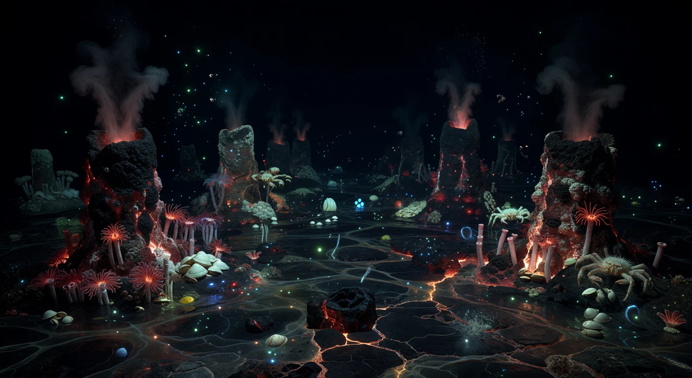 समुद्र की तलहटी में, जहाँ जल का भार हजारों मीटर की गहराई का बोझ उठाए हुए है, एक विशाल ज्वालामुखीय घाटी अपनी आदिम उपस्थिति में फैली हुई है — काले धूम्र-स्तंभ ३५०° सेल्सियस से भी अधिक तापमान पर खनिज-सघन तरल उगलते हुए, उनके चारों ओर गंधक और लौह के खनिजों की परतें जमी हुई हैं, मानो पृथ्वी की आंतरिक अग्नि यहाँ समुद्र से सीधा संवाद कर रही हो। यहाँ सूर्य का एक भी कण नहीं पहुँचता, फिर भी जीवन है — रिफ्टिया नलकीड़ों के चमकीले लाल पंख वेंट के आधार पर घने झुरमुटों में लहराते हैं, श्वेत शंबुक शांत तलछट में गुच्छों में बसे हैं, और पीले-श्वेत येती केकड़े बेसाल्ट की चट्टानों से चिपके हुए हैं — ये सभी जीव प्रकाश-संश्लेषण नहीं, बल्कि रसायन-संश्लेषण पर निर्भर हैं, जहाँ जीवाणु हाइड्रोजन सल्फाइड को ऊर्जा में बदलते हैं। ताज़े टूटे बेसाल्ट की दरारों से एक मद्धिम नारंगी-लाल दीप्ति छनती है, सूक्ष्मजीव-आवरणों की भूतिया चमक पत्थरों पर फैली है, और तैरते जीवों की सियान-नीली जैव-प्रदीप्ति अँधेरे में बिखरी हुई है — यही इस संसार का एकमात्र प्रकाश है। समुद्री हिमकण और खनिज कण उस भारी, पारदर्शी जल में मंद गति से बहते हैं, जबकि अतितप्त वेंट-तरल का ऊष्मीय कंपन घाटी के तल को एक अलौकिक आभास देता है — जैसे वास्तविकता स्वयं थरथरा रही हो, इस अनंत, मौन और मानवरहित संसार की गहराई में।