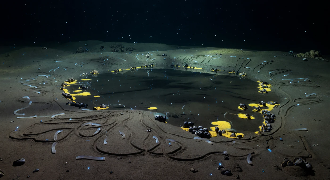 At roughly 4,500 to 5,000 metres below the surface, where pressures exceed 450 atmospheres and ambient temperatures hover near 2 °C, an abyssal brine pool rests in a shallow depression of the flat sediment plain like a dark inland sea submerged within the ocean itself — its hypersaline body, perhaps five to eight times saltier than the surrounding water, so dense that cold seawater simply floats above it, forming a mirror-like halocline that shimmers with refractive wavering and silvery mirage-like distortions. Along the outer terrace, pale holothurians — sea cucumbers of the family Holothuriidae — graze in loose, unhurried ranks, drawing looping feeding furrows through chocolate-brown abyssal mud as they ingest sediment and extract organic matter, their tracks converging toward sulfur-yellow bacterial mats that mark where methane and sulfide seep upward to sustain entire chemosynthetic communities in the absence of any photosynthetic energy. Compact clusters of symbiont-bearing mussels cling near these bacterial carpets, their tissues harboring chemoautotrophic bacteria that fix carbon from reduced sulfur compounds, while half-buried manganese nodules — accreted over millions of years at rates of mere millimetres per million years — punctuate the sediment like scattered monuments to geological time. The brine edge itself is lethal to most metazoans, its anoxic, hypersaline chemistry dissolving the biochemical tolerances of any organism that crosses it, and so life arranges itself in concentric tolerance rings around the pool, the entire community existing in crushing, primordial silence broken only by the intermittent cold blue and cyan flicker of bioluminescent plankton drifting freely through the blackness above.