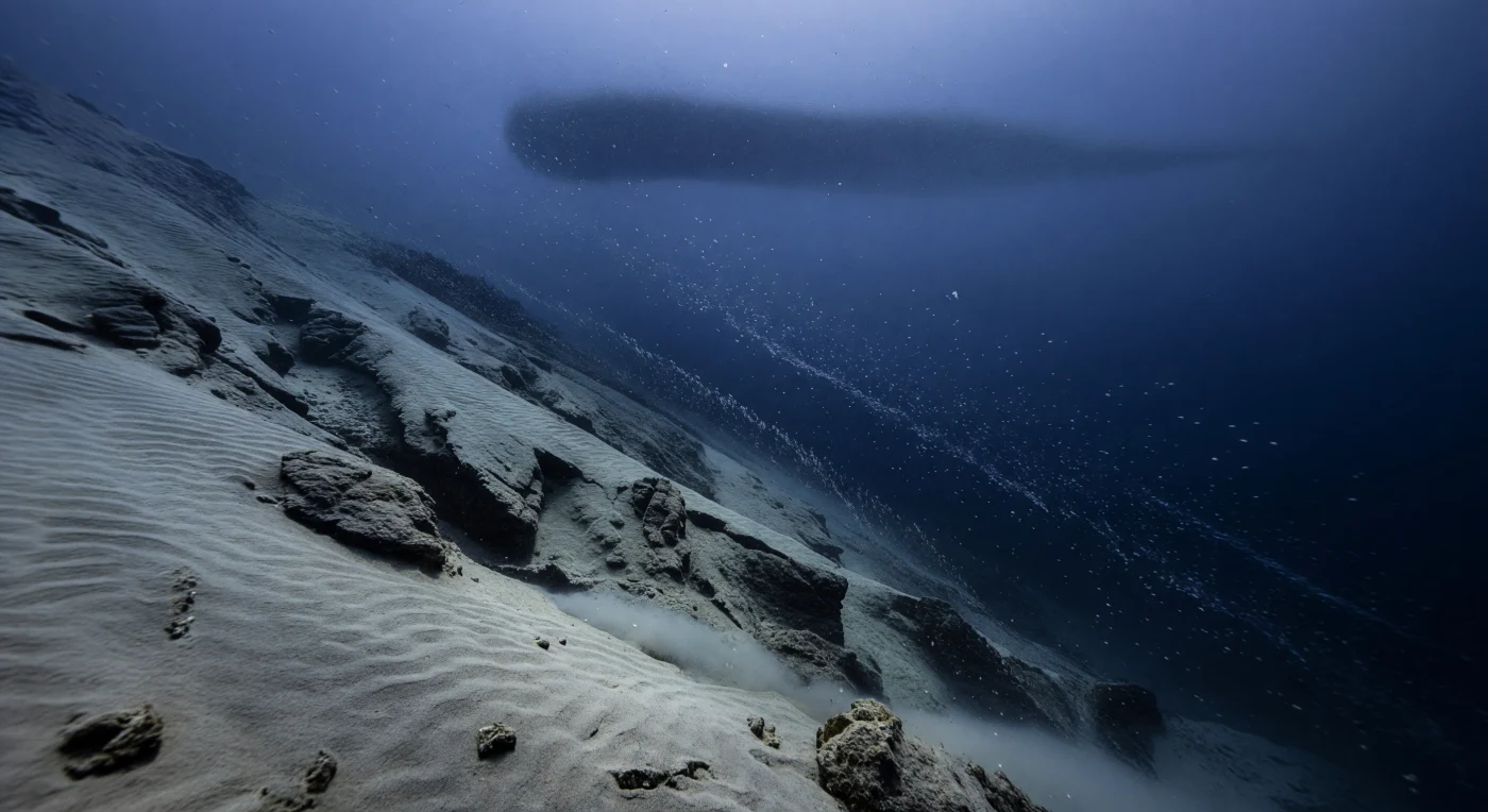 At 300 metres down the continental slope, sunlight has been stripped of every warm wavelength by the weight of water above, arriving here only as a cold, attenuating blue that bleaches to indigo against the gullied sediment face and surrenders entirely in the deeper ravines below. Pressure at this depth exceeds 30 atmospheres, and the water column is anything but empty: an internal tidal pulse — the slow, rhythmic heaving of density interfaces set in motion by the interaction of barotropic tides with the slope itself — organises marine snow and transparent copepods into diagonal streaming lanes, a quiet blizzard of organic detritus, faecal pellets, shed exoskeletons, and collapsed mucous feeding webs drifting steadily downslope to feed the benthos below. Near the sediment face, a faint nepheloid layer hovers, a whisper of resuspended silt kept aloft by bottom shear, while deep in the darker recesses of the gully walls, isolated bioluminescent pinpricks flash without witness — chemical light produced by organisms that have never known sunlight and require none. Far overhead, the deep scattering layer resolves as a broad, diffuse dark band suspended across the fading blue ceiling, a living acoustic mirror composed of myctophid fish, siphonophores, euphausiids, and gelatinous zooplankton that migrate vertically each day across hundreds of metres, coupling the sunlit surface with this cold, pressured twilight through the simple act of breathing and eating.