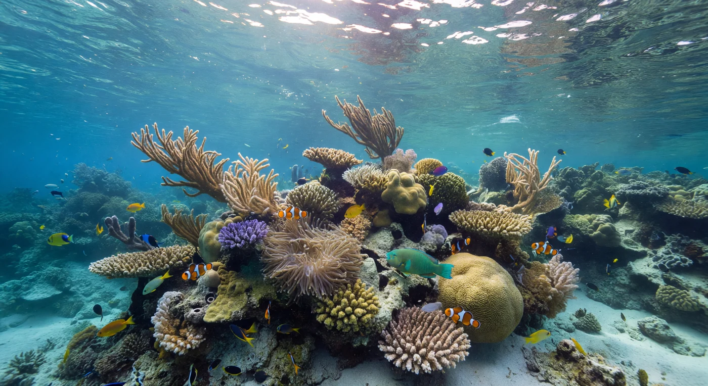 Along the upper reef slope, a mass of cooler, denser water slides beneath the sunlit layer like a silent tide within the tide — an internal wave front made briefly visible as it refracts the ambient light into silver-edged bands, bending gorgonians and soft-coral colonies in one direction and then the other as the pressure field passes. At roughly two to three atmospheres, the water column holds extraordinary clarity, shifting from vivid turquoise near the surface to a deepening cobalt downslope, with god rays fracturing across limestone architecture — branching Acropora, massive Porites heads, sand pockets and ledges built over millennia by the calcification of countless individual polyps. A parrotfish works methodically at the carbonate substrate, its pharyngeal teeth grinding algae and skeleton alike into the fine white sediment that drifts freely in the ambient light, while an anemone shelters clownfish among its translucent tentacles, the pair locked in their ancient mutualism of shared chemistry and protection. Suspended particles trace the invisible shear layer where water masses meet, marking the front with ghostly precision, and the reef's dense community of small fish and invertebrates continues its ceaseless negotiation of current, light, and competition, entirely indifferent to the passing hydrodynamic event reshaping the water around them.