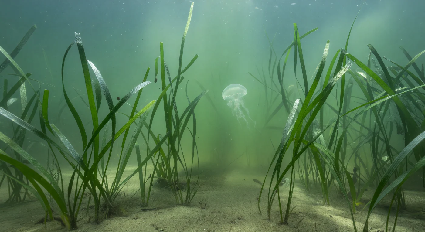Nel cuore di una prateria di *Zostera marina*, lungo la fascia costiera temperata, l'acqua ha perso ogni trasparenza: un bloom fitoplanctonico denso ha trasformato la colonna d'acqua in un velo lattescente di un verde profondo e vellutato, dove la luce solare, filtrata dalla superficie a pochi metri di distanza, si dissolve in un bagliore diffuso e uniforme prima ancora di raggiungere il fondo di sabbia chiara e limo. Le foglie più vicine emergono dal verde opaco come silhouette ondulanti, i loro margini appena percettibili, rivestiti di sottili strati di epifiti e percorsi da minuscole bollicine di ossigeno prodotte dalla fotosintesi, mentre quelle più lontane scompaiono nella nebbia planctonica in pochi metri. Una medusa luna (*Aurelia aurita*) pulsa silenziosa attraverso la foschia verde, la campana traslucida appena luminosa nella luce ambientale del giorno, le braccia orali che si dissolvono tra le sagome delle foglie come se appartenessero a un altro strato della stessa visione. Tra i rizomi ancorati nel sedimento e alla base dei ciuffi, forme minute — avannotti, piccoli crostacei, giovani cefalopodi — trovano rifugio in questo ecosistema che costituisce uno dei vivai più ricchi della costa temperata europea, una prateria sottomarina che esiste, respira e si riproduce in pressione quasi atmosferica, nell'ombra verde di un mondo che non ha mai avuto bisogno di essere scoperto per esistere.