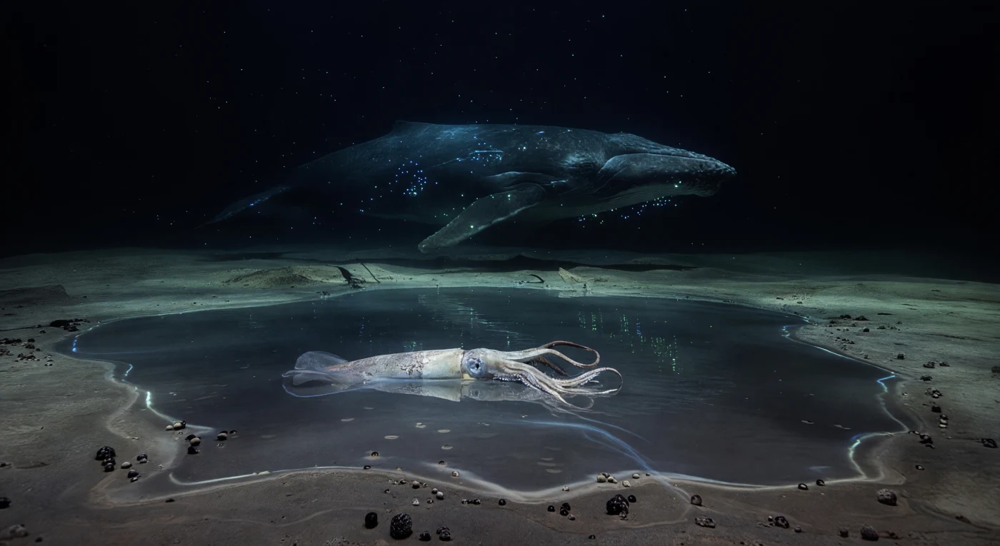 Nel buio assoluto di queste acque abissali, oltre i quattromila metri di profondità, si svolge uno degli incontri più antichi e feroci dell'oceano: un calamaro colossale ferito (*Mesonychoteuthis hamiltoni*) deriva appena al di sopra della superficie speculare e metallica di una pozza di salamoia ipersalina, il suo mantello pallido e segnato da cicatrici fresche, i tentacoli allentati che rivelano file di uncini cornei ancora capaci di lacerare. La densità anomala della salamoia crea un'interfaccia distinta come un confine tra due mondi, lungo la quale si addensano punti cianoverdi di bioluminescenza batterica e microbica, mentre sottili film lattescenti di biofilm batterico orlano il bacino incastonato nei sedimenti grigio-bruni punteggiati di noduli di manganese. Oltre quella riva invisibile, un capodoglio (*Physeter macrocephalus*) ruota lentamente nella colonna d'acqua nera, la sua massa silenziosa e rugosa appena rivelata dalla luce organica ambientale e dai fochi sparsi di plancton luminescente: sulla sua pelle sono leggibili le cicatrici circolari lasciate dagli uncini del cefalopode in battaglie precedenti, testimonianze scritte nella carne di un conflitto evolutivo millenario. A questa profondità, la pressione supera i quattrocento bar, la temperatura sfiora appena i due gradi centigradi, e la neve marina scende lentissima in ogni direzione attraverso un'oscurità che non ha mai conosciuto il sole — eppure questo mondo esiste, pulsa e si divora in silenzio, del tutto indifferente all'assenza di qualunque sguardo.