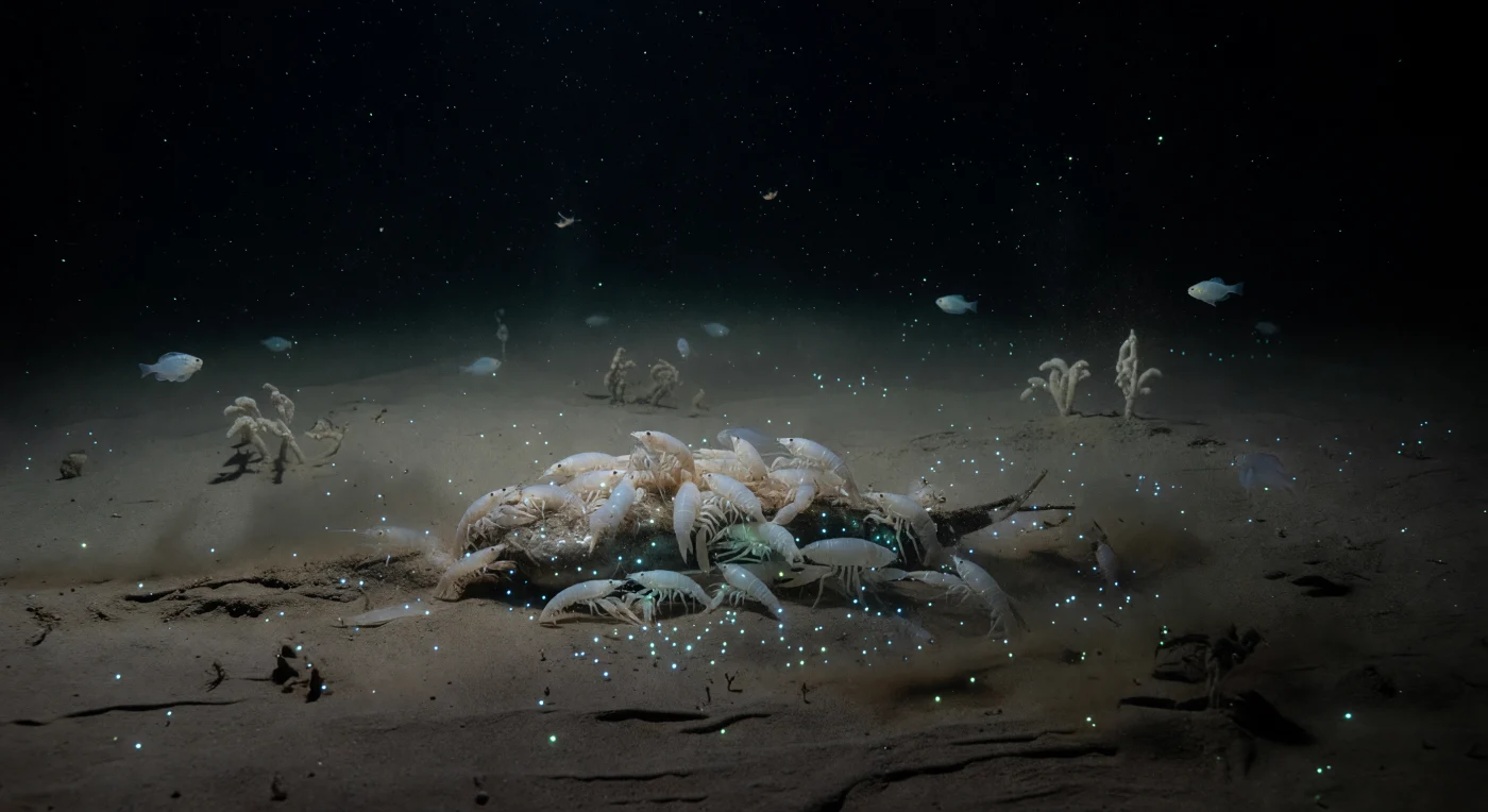 Nel buio assoluto della fossa di Kermadec, a circa ottomila metri di profondità dove la pressione supera gli ottocento atmosfere, una carcassa giace semi-affondata nei sedimenti taupe del fondale adale — un dono calorico precipitato dall'oceano superiore attraverso chilometri di colonna d'acqua buia. Su di essa, una marea vivente di *Hirondellea gigas* la ricopre in un mantello pulsante di corpi traslucidi e biancastri, i loro esoscheletri chitinosi che captano fugaci lampi ciano-verdi di bioluminescenza prodotta dagli stessi organismi del banco e dalle particelle di neve marina che derivano liberamente nell'oscurità circostante. Il disturbo frenetico del banchetto ha sollevato un velo tenue di silt, una nube nefeloide che resta sospesa nell'acqua quasi gelida senza dissolversi, testimoniando la viscosità di queste acque profonde e la quasi assenza di correnti. Ai margini della scena, qualche pesce lumaca adale — corpo gelatinoso, scheletro ridotto, adattato biochimicamente alla pressione grazie a piezoliti intracellulari — si libra appena sopra il fondo, mentre xenofiofor isolati punteggiano le chiazze di sedimento ancora indisturbato oltre la carcassa, filtro-alimentatori silenziosi in un ecosistema che esiste, completo e indifferente, in totale assenza di luce solare da decine di milioni di anni.