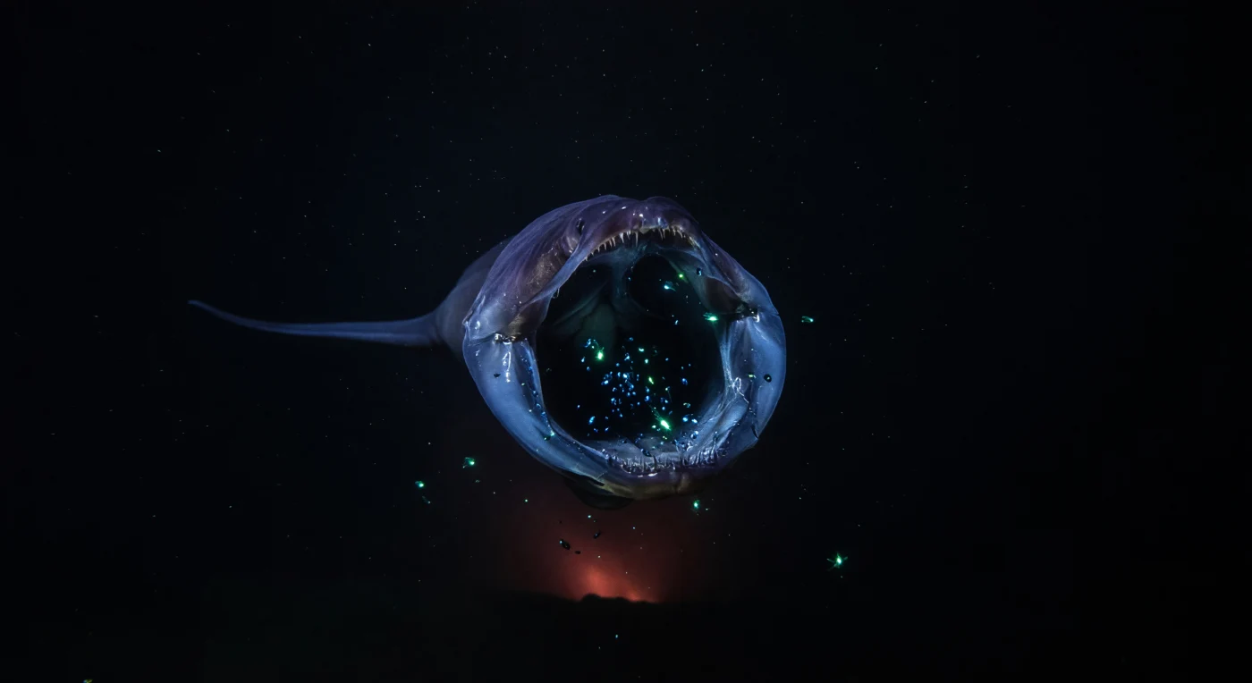 Nelle profondità buie tra mille e quattromila metri, dove la pressione supera le duecento atmosfere e l'ultima traccia di luce solare è svanita da molto, un anguilla inghiottitrice — *Eurypharynx pelecanoides* — spalanca la sua membrana orale con un'espansione che sfida ogni proporzione corporea: la mascella traslucida si gonfia come una lanterna di tessuto vivo, intrappolando un piccolo agglomerato di prede che pulsano in bagliori cianoazzurri, i loro segnali bioluminescenti che illuminano dall'interno i denti sottili come aghi e le superfici umide della cavità buccale. Questo predatore della zona mesopelagica profonda è uno dei vertebrati più altamente specializzati del pianeta — il corpo nero-violaceo, privo di vescica natatoria funzionale, adattato chimicamente e meccanicamente alla compressione estrema, ridotto a una macchina da caccia opportunistica capace di inghiottire prede molto più grandi di sé grazie a mascelle articolate che si estendono oltre ogni proporzione anatomica convenzionale. Lontano, nella colonna d'acqua nera, una lievissima fosforescenza arancio-rossastra tinge appena il fondo del campo visibile — forse il calore diffuso di fluidi idrotermali che salgono da una dorsale sottomarina, troppo distante e troppo debole per riscaldare questa porzione d'oceano, ma sufficiente a rivelare, con la sua timida presenza, la stratificazione e la vastità di un abisso che esiste in silenzio assoluto, senza occhi umani a testimoniarlo.