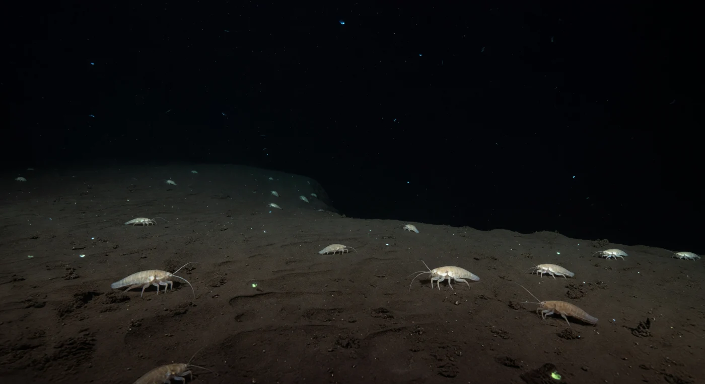 Nel più profondo sistema hadalpelagico del Pacifico sudoccidentale, il fondo della Fossa di Kermadec si estende come una pianura di fango cioccolato-scuro, arricchita da strati di detrito organico precipitato lentamente dall'oceano illuminato migliaia di metri più in alto — un processo di sedimentazione che concentra in questi solchi tettonici una quantità di materia organica superiore a quella delle pianure abissali circostanti. A pressioni di circa 800–1.000 atmosfere e temperature prossime a 1–2 °C, diversi anfipodi giganti della specie *Hirondellea gigas* percorrono la pianura in direzioni divergenti, i loro corpi traslucidi color crema quasi privi di pigmentazione — un adattamento all'assenza totale di luce solare che non raggiunge queste profondità da decine di milioni di anni. I tessuti interni restano visibili attraverso la cuticola sottile, e nelle membrane cellulari e nei liquidi corporei si accumulano piezoliti come la TMAO, molecole stabilizzatrici indispensabili per mantenere la funzione enzimatica sotto pressioni che deformerebbero qualunque struttura proteica non adattata. Nelle acque soprastanti, minuscoli punti di bioluminescenza ciano-blu derivano da organismi plantonici in deriva libera, e i loro bagliori si riflettono appena sulle granuli umidi del sedimento e sui carapaci degli anfipodi, illuminando per un istante la vastità silenziosa di un mondo che esiste, si muove e persiste nella sua oscurità assoluta, del tutto indifferente alla nostra assenza.
