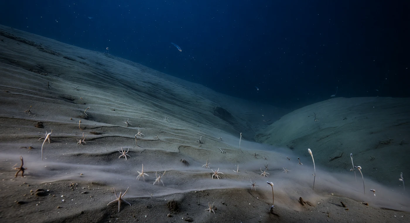 A 690 metri di profondità, sul fianco inferiore della scarpata continentale, il fondo marino si distende in una sequenza di creste e avvallamenti di fango emipelagico, modellati dalle correnti di fondo che scorrono lente e costanti lungo il pendio. Qui la pressione supera i 70 bar e la temperatura sfiora i 6–8°C, condizioni che plasmano ogni forma di vita in adattamenti fisiologici profondi: le ofiure dispiegano le braccia ramificate nell'oscurità, sollevate verso la corrente per intercettare particelle organiche in caduta, mentre alcune penne di mare pallide emergono parzialmente dal sedimento, i loro corpi esili appena incurvati dalla deriva idrodinamica. Al di sopra del fondale scorre il tappeto nefaloide — un velo sottile e lattiginoso di silt risospeso che scivolando radente al substrato trasporta materia organica rimobilizzata, segnando il confine dinamico tra il sedimento consolidato e la colonna d'acqua. La luce solare non raggiunge più questa profondità se non come un'ombra indaco appena percettibile filtrata da centinaia di metri d'acqua, e l'unica luminescenza è quella fredda e intermittente di plancton bioluminescente che deriva nel buio — punti di luce efimeri in un mondo che esiste nel silenzio assoluto, indifferente e compiuto, molto prima che qualsiasi sguardo potesse mai posarsi su di esso.