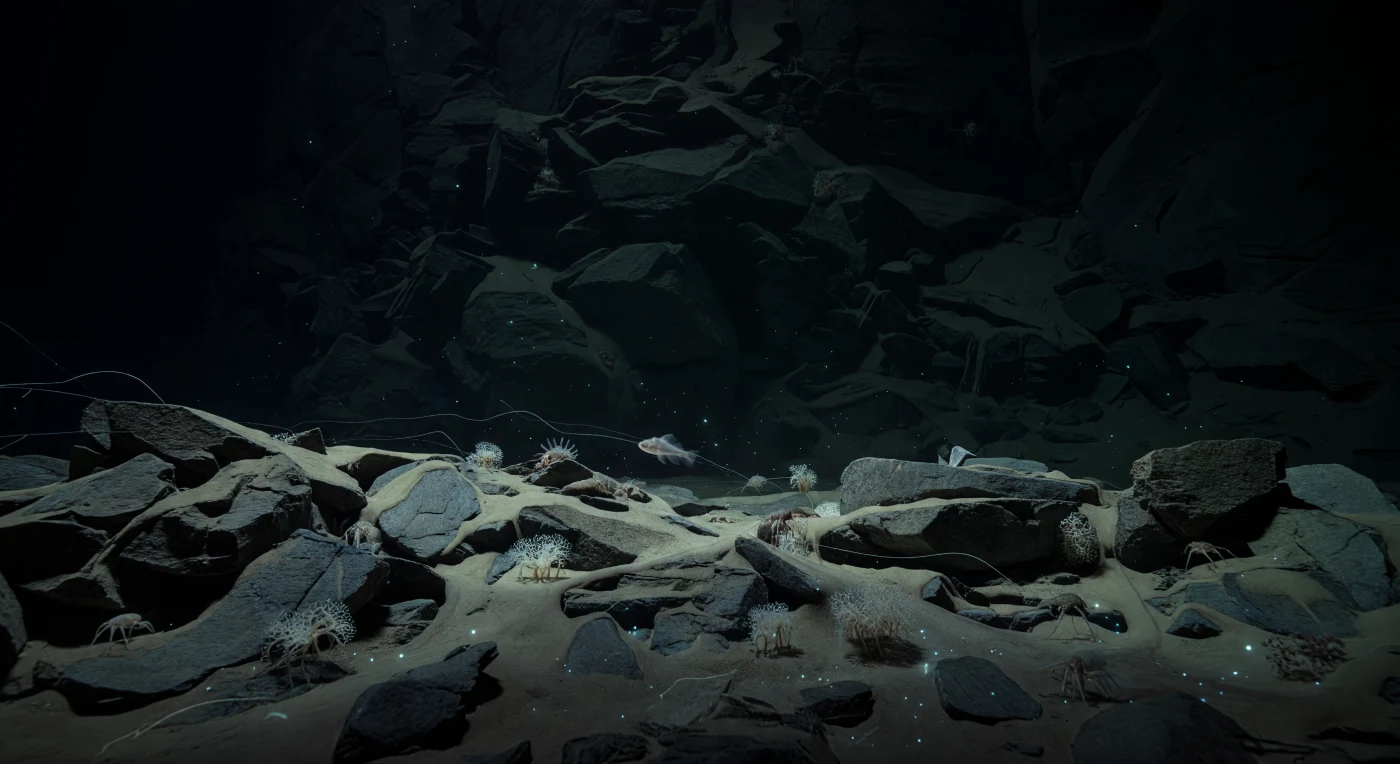 Nell'oscurità assoluta alla base della parete della Fossa delle Kermadec, a profondità dove la pressione supera gli ottocento atmosfere, un grembiule di blocchi angolosi color ardesia e lingue di sedimento soffice si distende lontano dalla roccia fratturata, ogni superficie velata da un sottile strato di fango organico disceso lentamente attraverso la colonna d'acqua per settimane o mesi. Tra le tasche riparate del talus, gli xenofiofor pallidi dispiegano le loro forme reticolate delicatissime, organismi unicellulari giganti che possono raggiungere diversi centimetri e che qui, in questo ambiente hadal, filtrano le particelle organiche depositate tra le pietre. Sottili filamenti di neve marina e particolato risospeso tracciano flussi guidati dal fondo quasi impercettibili, mentre una torbidità nefeloide rasa terra avvolge ogni superficie in una foschia lieve di materia sospesa. Un pesce lumaca hadal — *Notoliparis* o un suo parente piezofilo adattato a queste profondità estreme grazie a concentrazioni elevate di trimetilammina ossido nelle sue cellule — scivola silenzioso a pochi centimetri dal substrato, il corpo quasi trasparente appena rivelato da un bagliore ciano freddo e diffuso proveniente da organismi bioluminescenti microscopici dispersi nell'acqua vicina allo zero termico. Tutto qui esiste senza testimoni, in un silenzio che non è mai stato interrotto: una biosfera primordiale plasmata dalla tettonica, dalla gravità e da milioni di anni di pressione.