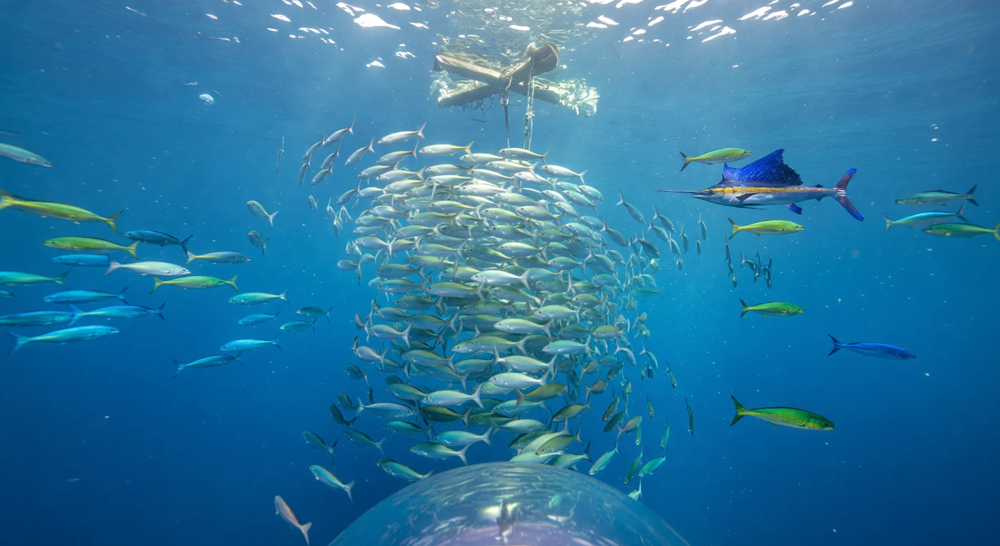 Attraverso la cupola acrilica del sommergibile, il mondo si apre in un'esplosione di luce e vita sospesa: sotto il galleggiante derivante — un FAD, dispositivo aggregante per pesci — migliaia di pesci balestra giovanili e baitfish formano un cilindro vivente che ruota su se stesso con precisione quasi meccanica, ogni scaglia che lampeggia argento, blu pallido e verde oliva nelle bande caustiche proiettate dal sole tropicale filtrato attraverso le cime e le funi del galleggiante. Questo fenomeno di aggregazione pelagica è uno dei più potenti dell'oceano epipelagico: in assenza di substrato roccioso o corallino, qualsiasi struttura derivante — artificiale o naturale — diventa immediatamente un polo di attrazione per larve, giovanili e predatori, generando in poche ore un ecosistema verticale autonomo nel mezzo del blu aperto. Ai margini del cilindro guizzante, mahi-mahi dai dorsi verde-oro metallico e riflessi blu elettrico sfondano i raggi solari come proiettili iridescenti, mentre un pesce vela lancia il suo rostro affilato nel banco comprimendo la massa di prede in nastri ancora più densi e abbaglianti. La pressione, ancora modesta a questa quota d'acqua, non è quella che opprime, ma quella biologica — la tensione predatoria che attraversa ogni strato della colonna d'acqua, visibile nella compressione istantanea del banco, nel lampo collettivo di diecimila corpi che si riorganizzano in una frazione di secondo. Al di sotto, il blu si fa ultramarina e poi buio, senza fondale visibile, solo lo spazio pelagico aperto che ricorda quanto sia vasto e silenzioso l'oceano al di là di questa colonna di luce e vita.