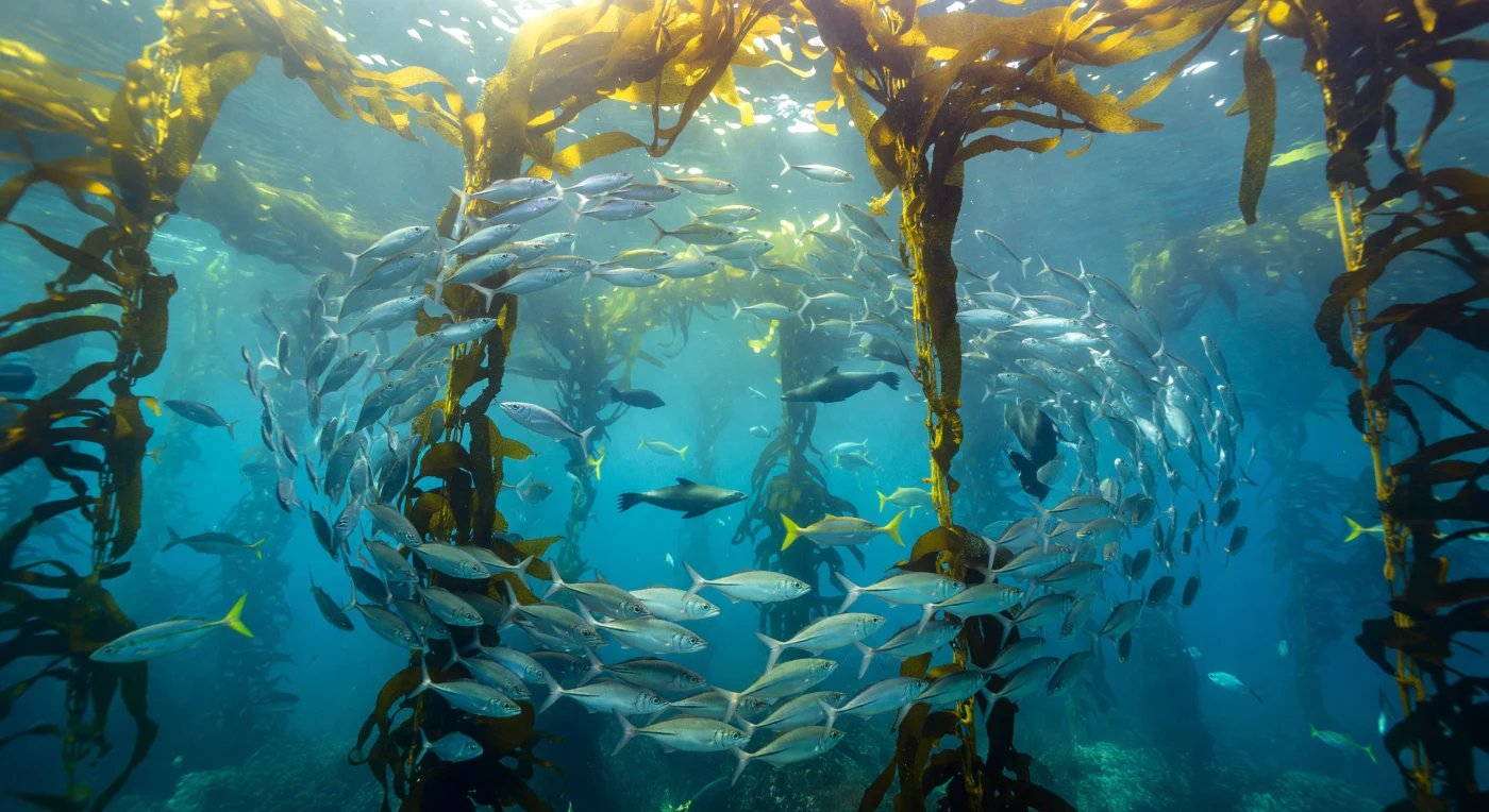 Sospesi nell'acqua verde-azzurra di una foresta di kelp temperata, stipes dorato-brunastre si innalzano come colonne di una cattedrale sommersa, le loro fronde che filtrano i raggi del sole in fasci dorati e caustica danzante sulle squame di un vortice vivente. Migliaia di silversides — *Atherinops affinis* e specie affini — si muovono in sincronia perfetta come un unico organismo fluido, una parete metallica in continuo riarrangiamento che risponde agli attacchi fulminei di otarie (*Zalophus californianus*) e ricciole (*Seriola lalandi*) che fendono la formazione con accelerazioni predatorie impossibili da anticipare. In questa fascia illuminata dalla luce solare, dove la pressione supera di poco quella atmosferica e la produzione fotosintetica del *Macrocystis pyrifera* sostiene un'intera rete trofica, lo shoal pelagico è struttura e strategia insieme: ogni individuo riduce la propria probabilità di predazione nell'anonimato del gruppo, mentre la confusione visiva generata dal banco — effetto noto come *confusion effect* — disorienta i predatori. Particelle di plancton captate dai raggi obliqui e un leggero velo di sedimento in sospensione conferiscono profondità e corpo all'acqua, mentre le colonne di kelp più lontane sfumano in ombra ciano, lasciando il primo piano — quelle squame argentee e quelle fronde vibranti — nitido come un'istantanea congelata di vita in piena azione.