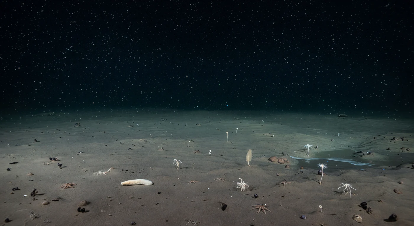 Nel cuore delle pianure abissali, a profondità comprese tra i quattromila e i seimila metri, la neve marina cade senza sosta attraverso una colonna d'acqua fredda e immobile, trasportando verso il basso i resti frammentati del mondo vivente che si svolge lontano sopra: frammenti di gusci calcarei, feci di zooplancton, aggregati di materia organica che impiegano giorni o settimane a raggiungere il fondale. La pressione qui supera i quaranta megapascal, sufficiente a modificare la chimica stessa delle membrane cellulari, eppure la vita persiste con una tenacia silenziosa: oloturie pallide riposano immobili sul fango siliceo, stelle serpentine semisommerse nel sedimento attendono particelle in caduta, e xenofiofor dalle forme quasi minerali punteggiano la superficie come sculture di argilla dimenticata. Sporadiche scintille di bioluminescenza ciano-verde emanate da microfauna bentonica e organismi pelagici alla deriva rivelano il volume di questa oscurità senza mai squarciarla, restituendo alla neve marina la sua forma tridimensionale — densa nel mezzo della colonna, più rarefatta verso il confine bentico dove la corrente di fondo depone i suoi strati con una geometria di ere geologiche. Questo paesaggio quasi piatto, interrotto solo da noduli di manganese, dalle tracce di gallerie scavate da policheti e dall'incerta superficie riflessiva di una pozza di salamoia ai margini dell'inquadratura, esiste in un tempo diverso dal nostro: antico, pressurizzato, indifferente, perfettamente intero.